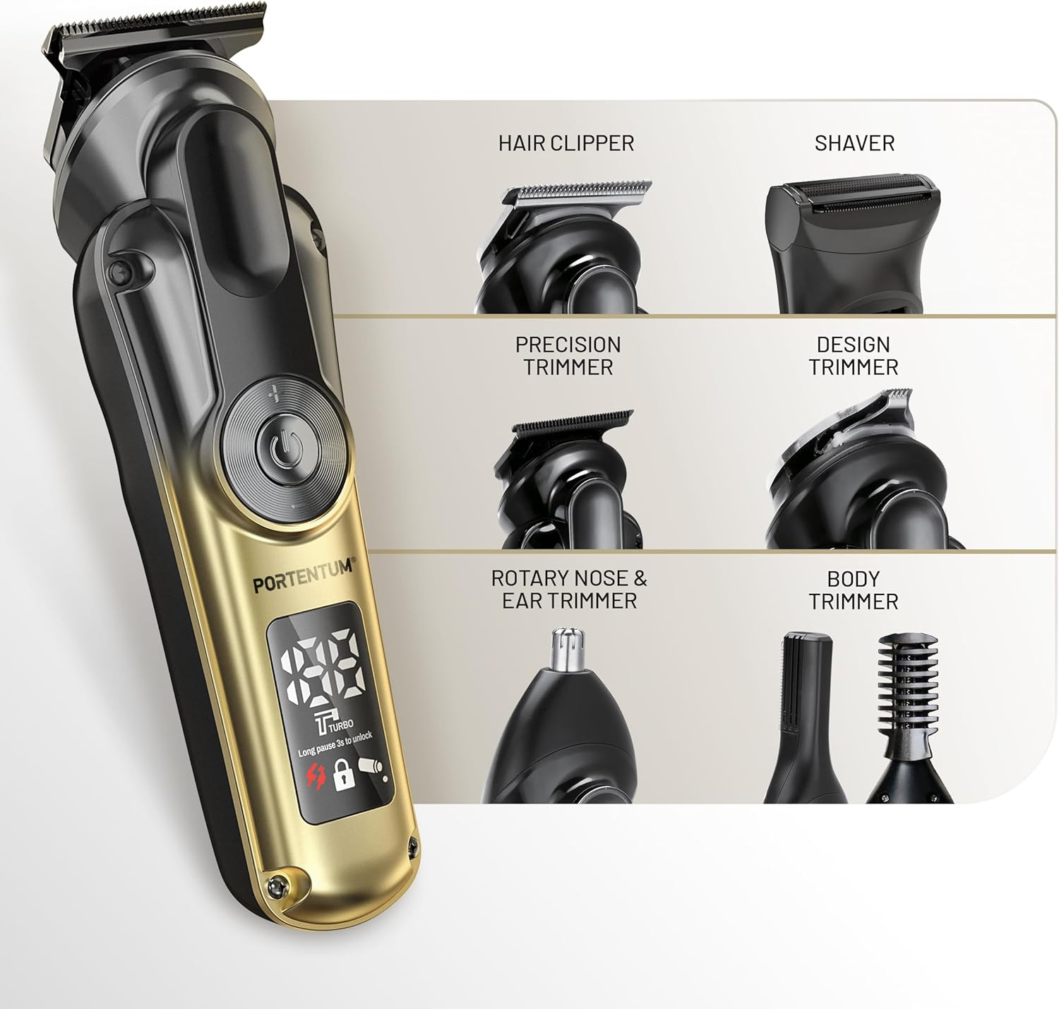 PORTENTUM Professional Hair Trimmer - Set of 21 - LED - Men'S Beard Trimmer - Trimmer for Face and Body - Beard Trimmer - 6 Attachments - 7 Comb Attachments - USB-C - Compact Storage Station image number 5