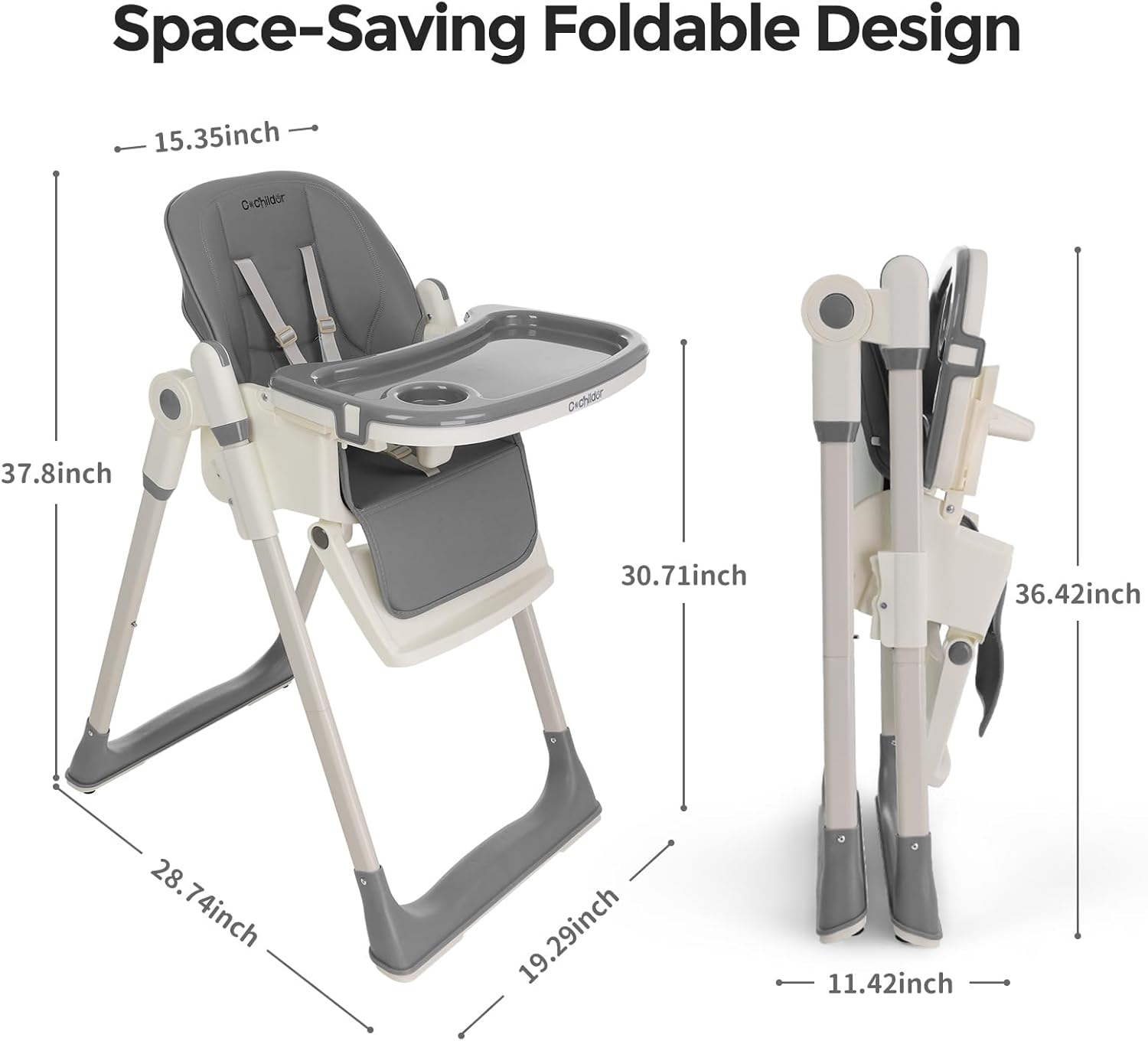 Cochildor 3 In1 High Chair, Easy Clean Foldable Highchair with Adjustable Height, Reclining Mode, 5-Point Safety, Removable Tray, Lockable Wheels, Washable Cushion, Idealfor Babies & Toddlers, Grey - Green image number 3
