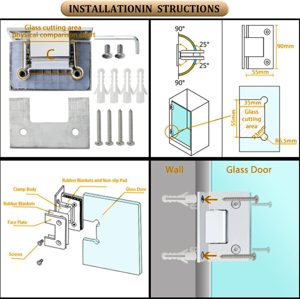 Alise Glass Shower Door Hinges,90 Degree Shower Door Hinges for Bathroom Doors,Heavy Duty Stainless Steel Wall to Glass Frameless Shower Doors Hardware Replacement Part,Polished Chrome (1P) - Polished Chrome image number 6
