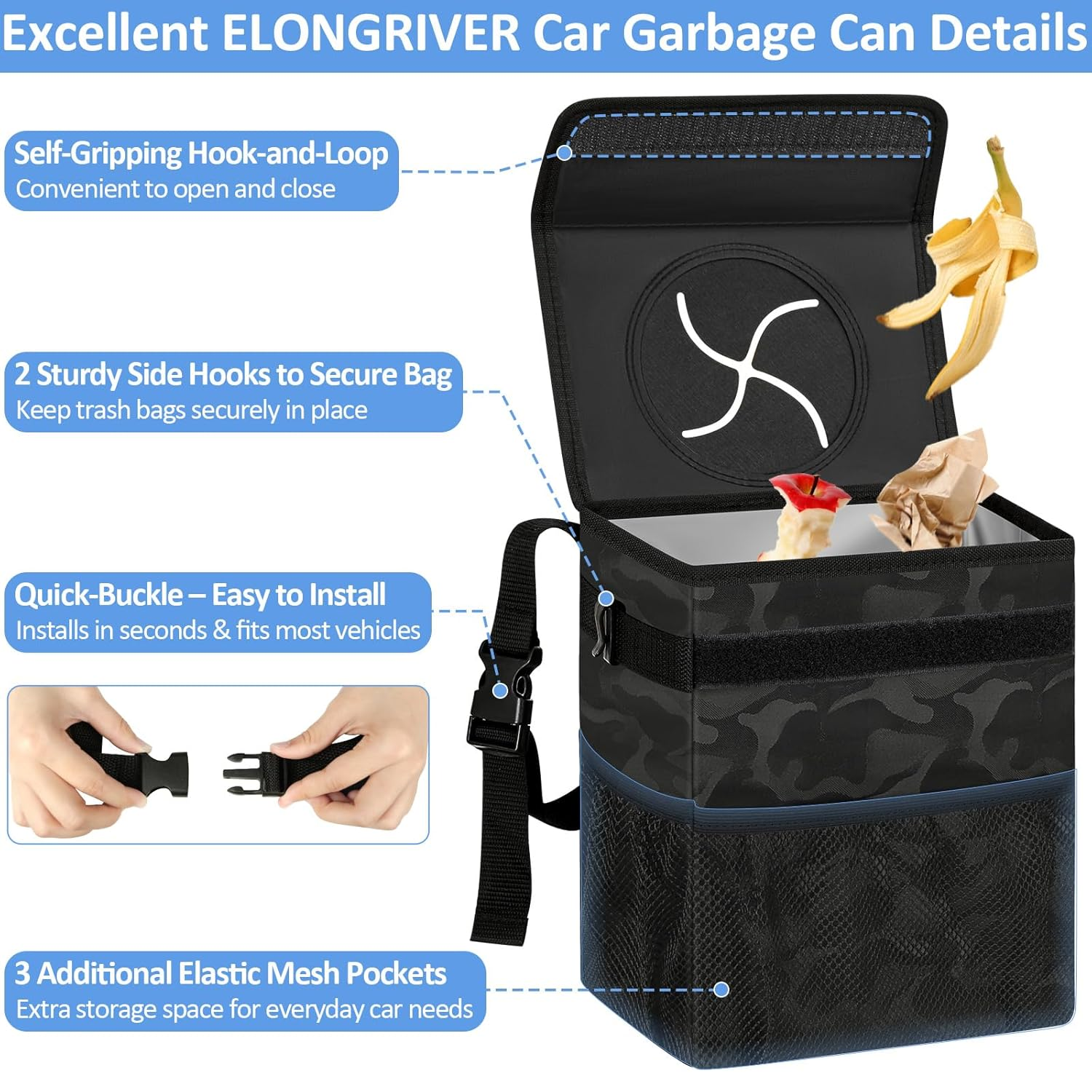 Car Trash Can Bin for Back Seat Leak Proof, Cute Car Trash Bag Hanging, Vehicle Trash Can for SUV Truck Van, Automotive Garbage Cans Front Seat Camo Black