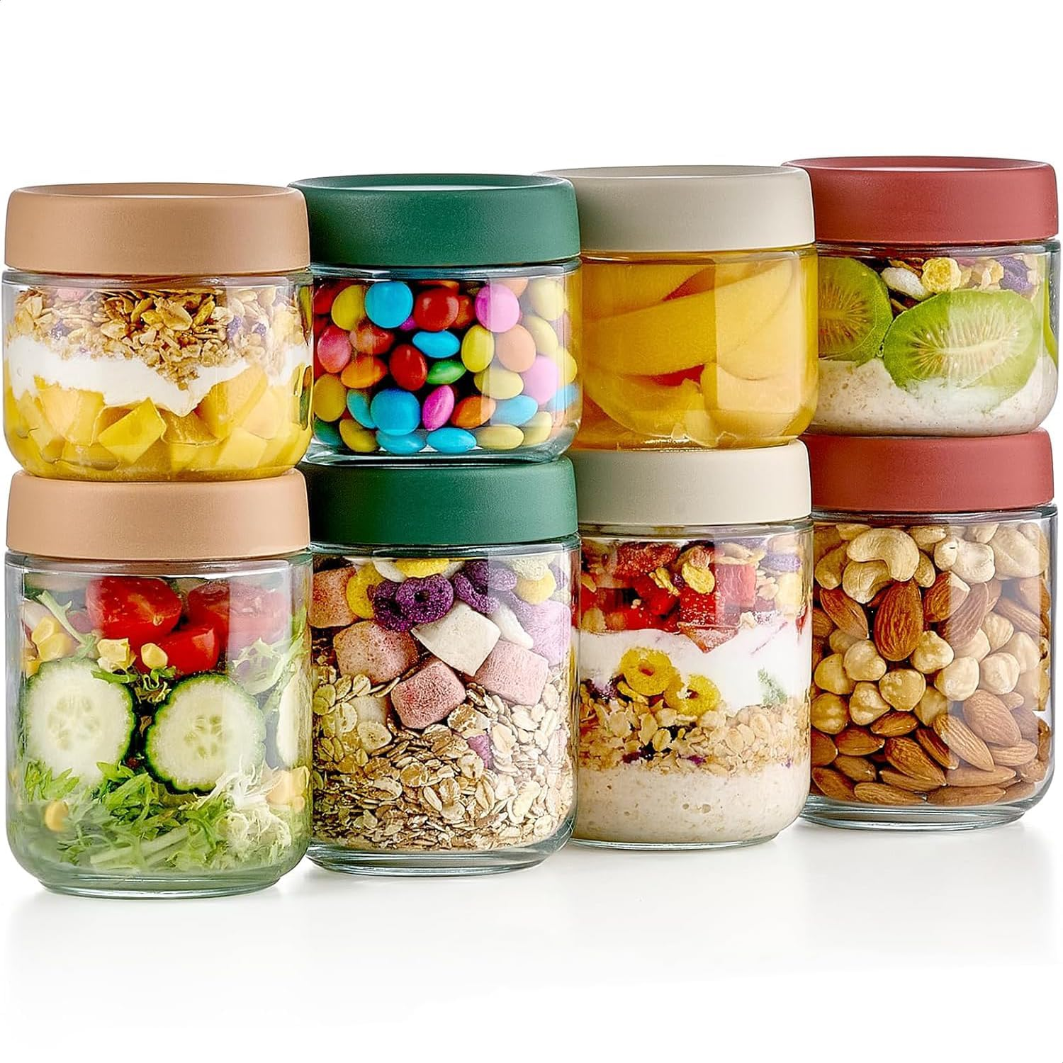 Misenfar 8 Pack 480/350Ml(16/12Oz) Overnight Oats Containers with Lids, Wide Mouth Glass Jars with Airtight Lids, Glass Food Storage Containers for Yogurt, Salad, Chia Pudding, Snacks, Cereal & Spices image number 5