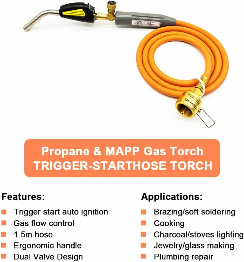 Intendvision Propane Torch Head, Mapp Gas Torch with Trigger Start, Adjustable Flame Knob, 1.5M Hose, Soldering Brazing Welding BBQ Torch Fuel by Propane Mapp Map Pro Gas (Includes Cylinder Clip) image number 6