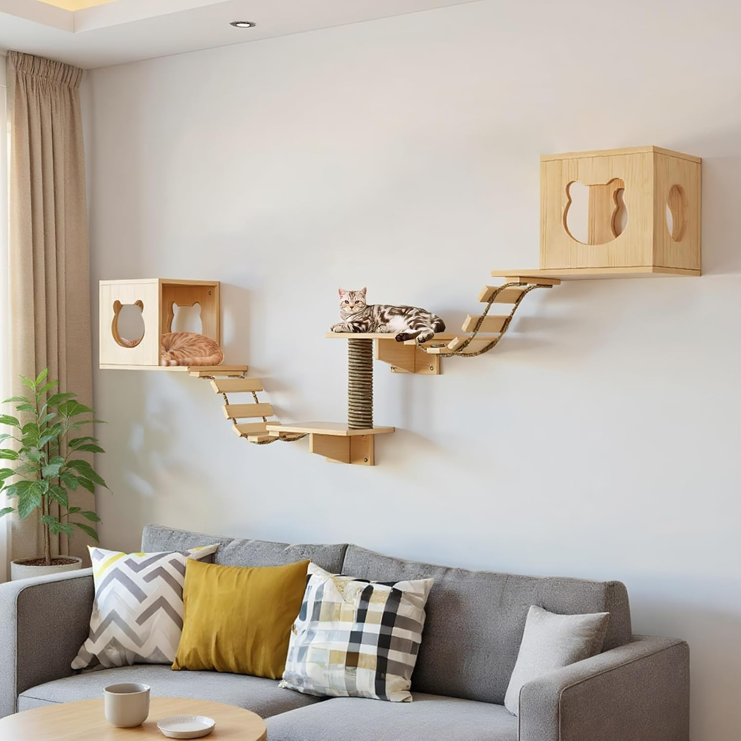 HOOMFIT Cat Wall Shelve, Wooden Climbing Furniture for Cats, Wall Mount with 2 Shelves, 2 Houses, 2 Ladders & 1 Scratching Posts - Wall Mounted (7Pcs) image number 6