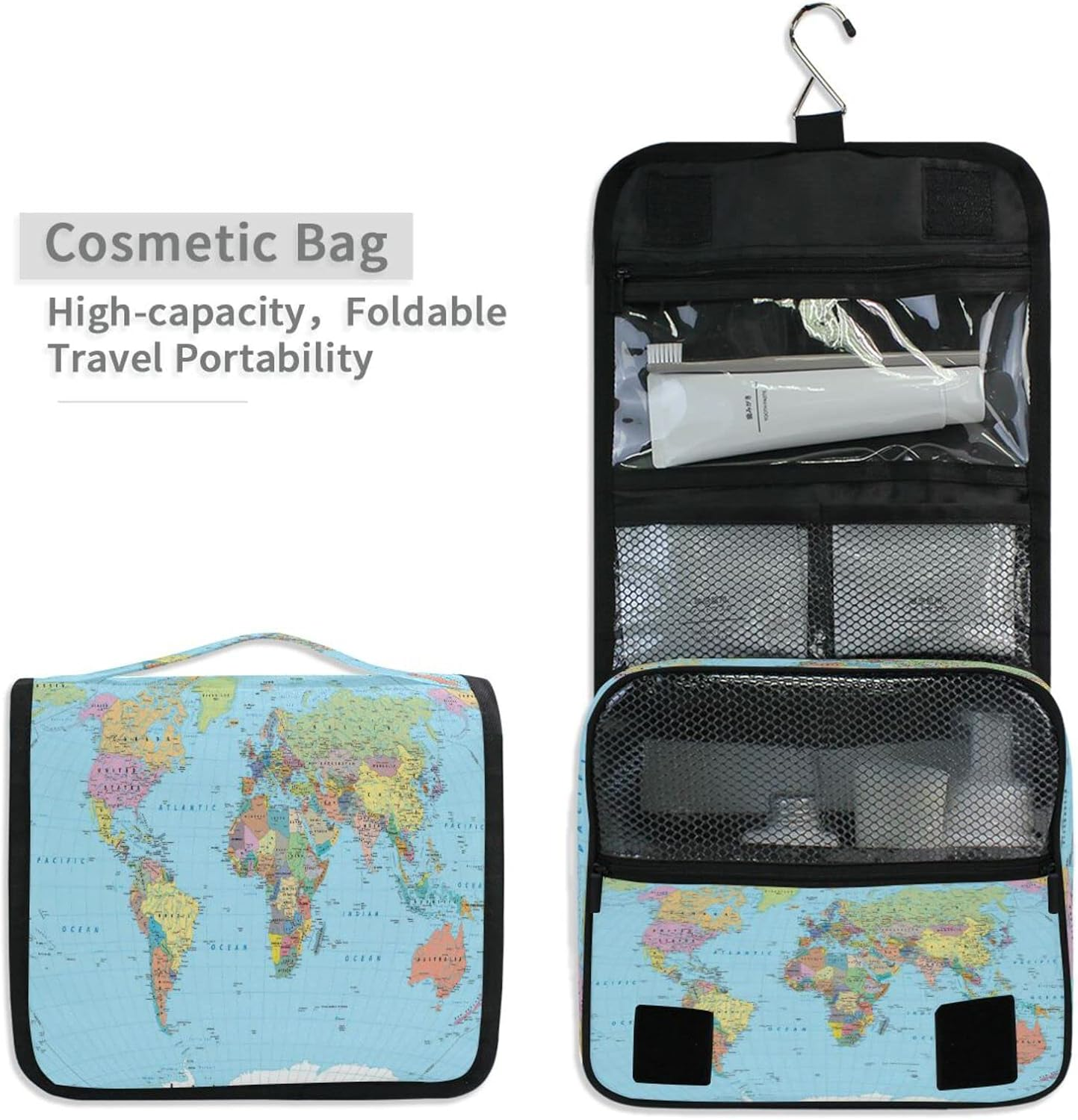 Blue World Map Hanging Toiletry Bag for Women Men, Portable Makeup Bag Organizer Cosmetic Bag for Purse Pouch Waterproof Travel Essentials Large Wash Bag for Kids Girls, Multicolor, One Size image number 1