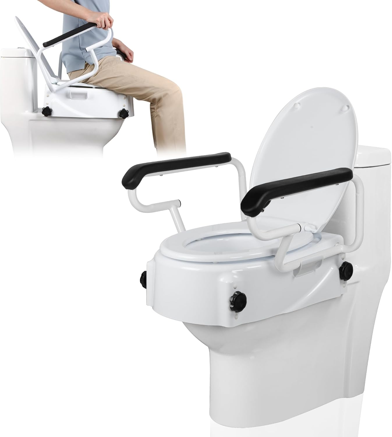 Raised Toilet Seat for Seniors with Flip-Up Handles, 5.5" Adjustable Toilet Seat Riser Elevated Medical Supplies & Equipment for Handicap, Elderly, Hip Replacement after Surgery image number 2