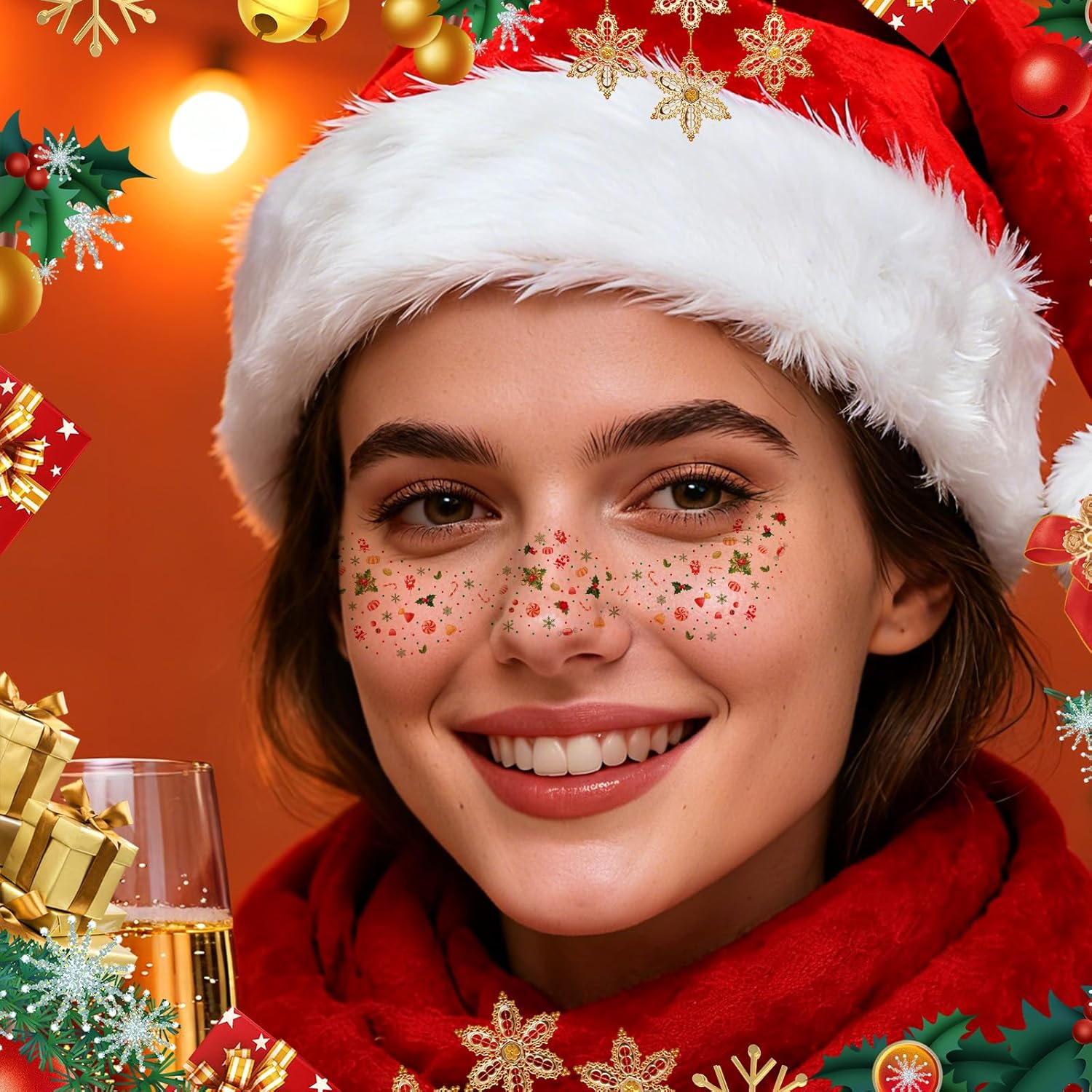6Pcs Christmas Face Freckles Stickers, Waterproof Temporary Festive Face Tattoos with Holiday Designs Fake Freckles Makeup Accessories for Christmas Party (Candy Style) image number 2