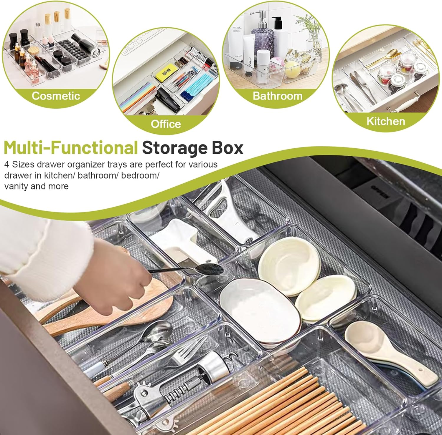 72 Pcs Drawer Organisers Set, 4 Sizes Clear Plastic Drawer Organizer and Vanity Organiser Trays, Desk Drawer Organizer Trays for Makeup, Jewelries, Bathroom, Kitchen Utensils and Office image number 3