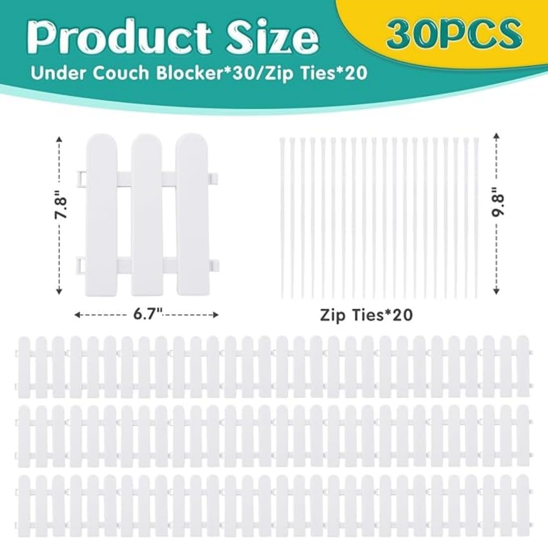 Under Couch Blocker for Toys 30 Pack, under Bed Guards for Pets Plastic Stopper, Spliced Barrier to Block Cats and Dogs for Furniture Sofa (White Plastic with 20Pcs Cable Ties) image number 1