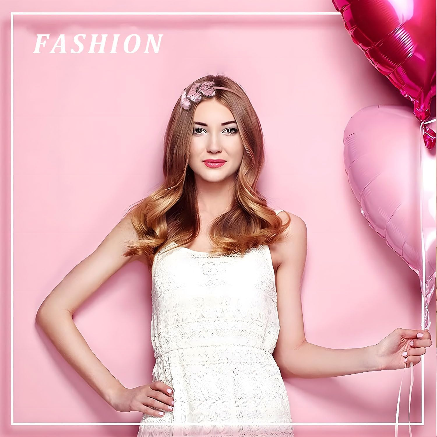 HATOTO Valentines Day Heart Headband Pink Sequins Hair Band,3 Glitter Love Hearts Hair Accessories for Women Girls Kids, Birthday New Year Wedding Party Costumes Headdress Decoration Hair Hoop - Style 1 image number 3