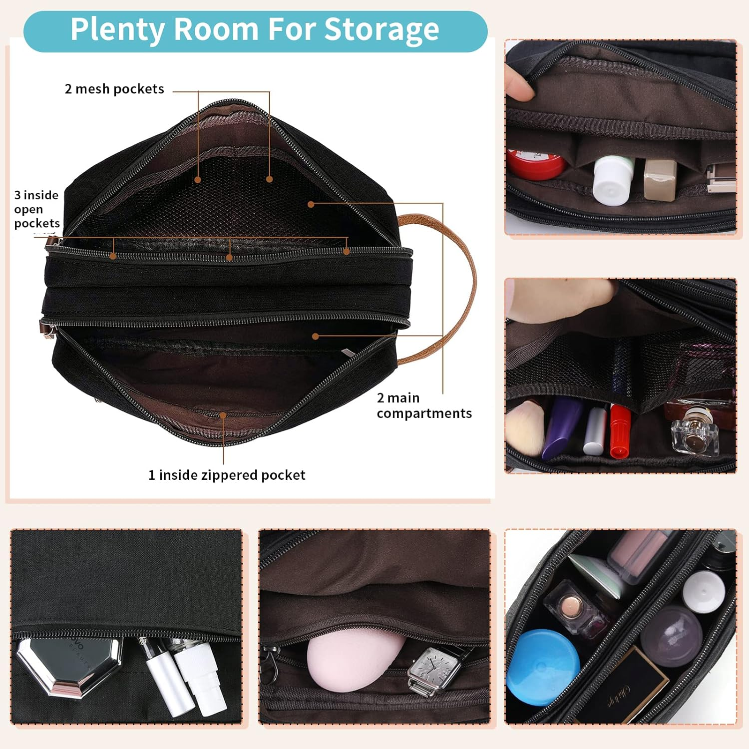 Toiletry Bag Oxford Cloth Toiletry Bag for Men and Women Portable Travel Shaving Dopp Kit Water-Resistant Cosmetic Bag Travel Organizer Storage for Accessories, Black image number 6