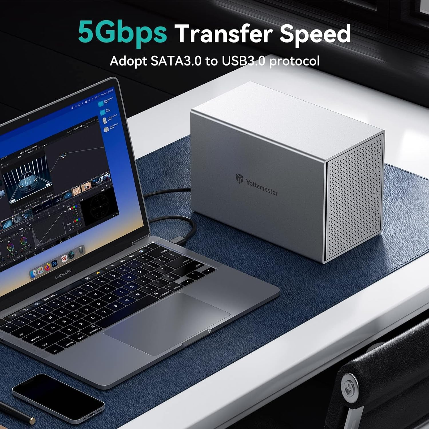 Yottamaster 5 Bay Hard Drive Enclosure, Aluminum USB3.0 3.5" HDD Enclosure DAS for 2.5"/3.5" Inch SATA HDD/SSD, Supports 5X16Tb, Direct Attached Storage (DAS) Storage Expansion, Non-Raid [PS500U3] image number 3