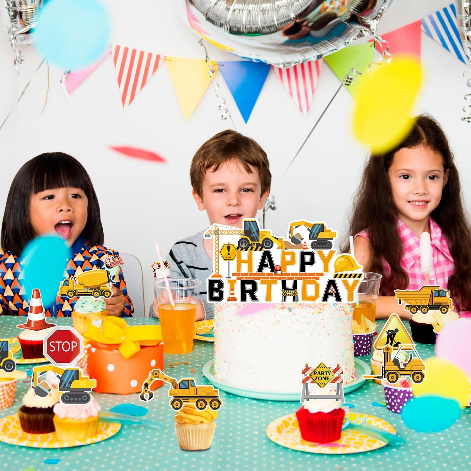 Construction Cake Topper, 13 Pcs Construction Cake Decorations Set Birthday Topper Excavator Cupcake Toppers for Birthday Supplies