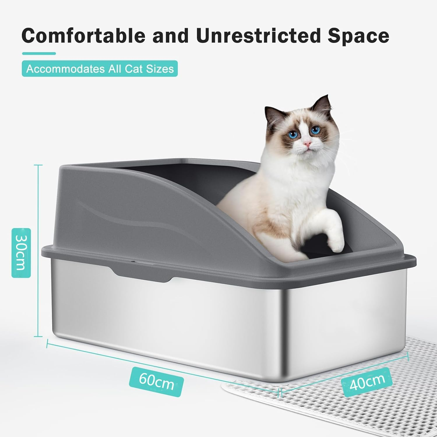 Stainless Steel Cat Litter Box with Lid, Extra Large Litter Box for Big Cats, XL Metal Litter Pan Tray with High Wall Sides Enclosure, Non-Sticky, Anti-Leakage, Easy Cleaning, Grey image number 2