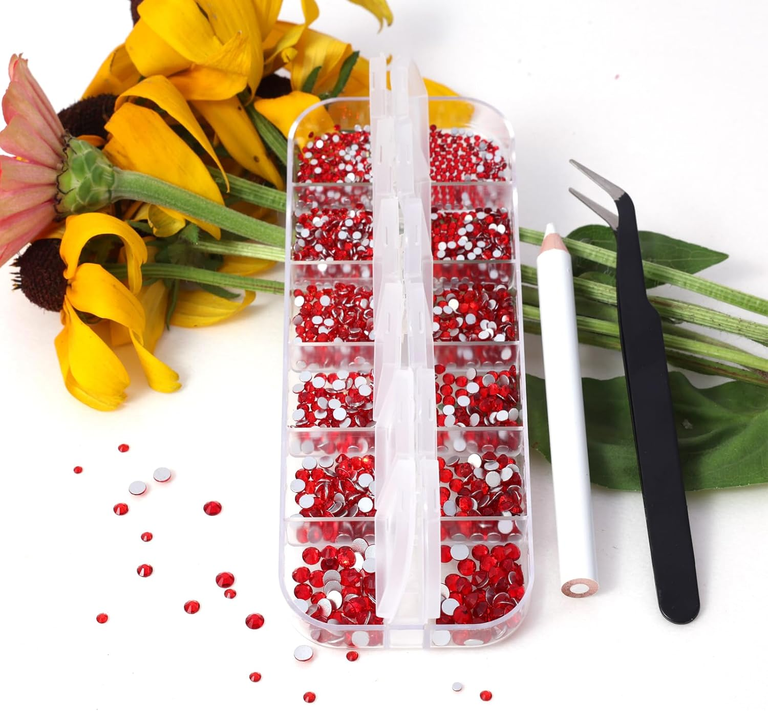 Nail Art Rhinestones, 1500PCS Rhinestones in 6 Sizes, Nail Art Gems with Pick up Tweezers and Rhinestone Picker Dotting Pen, Tools for Nails, Craft 1.5 Mm - 4.0 Mm (Red)