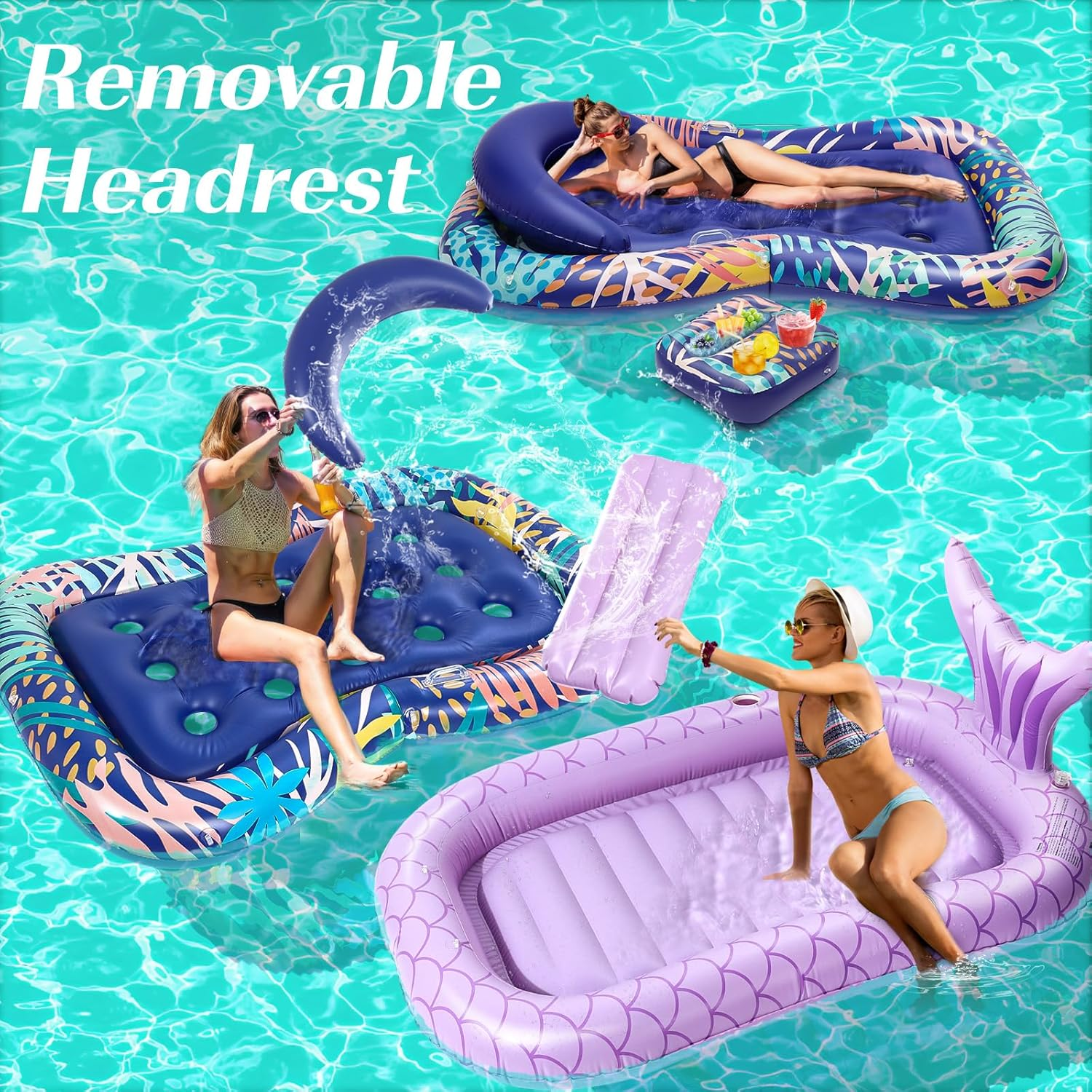 Heysplash Inflatable Pool Air Mattress with Cup Holder, Pool Inflatable Bed in Mermaid Tail Shape Summer Pool Toy Portable Large Inflatable Tanning Pool Outdoor Floating Rafts image number 2
