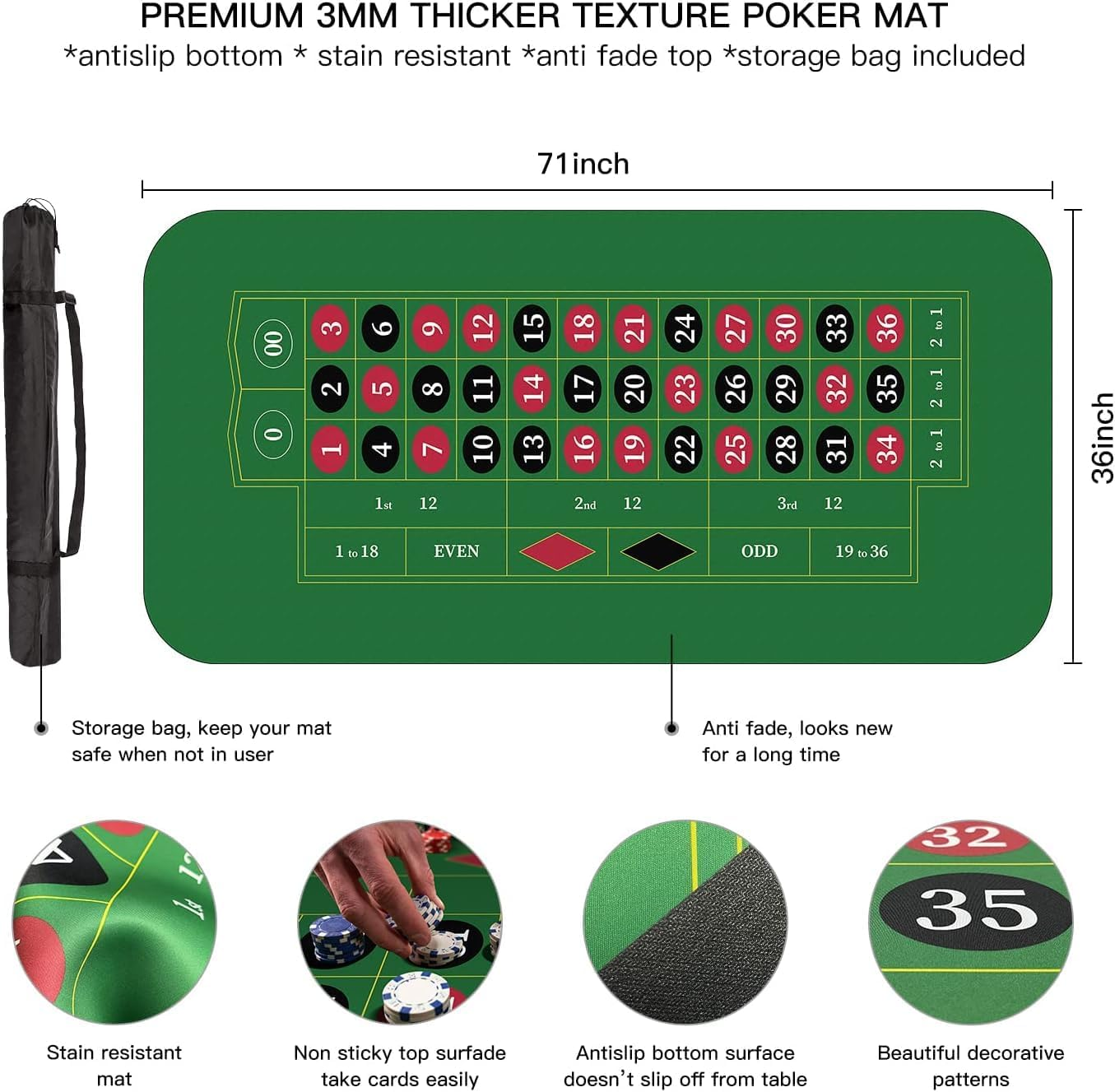 180 * 90Cm Poker Mat for Table with Carrying Bag, Professional Casino Blackjack Tabletop Layout Poker Table Mat (Baccarat B) image number 4