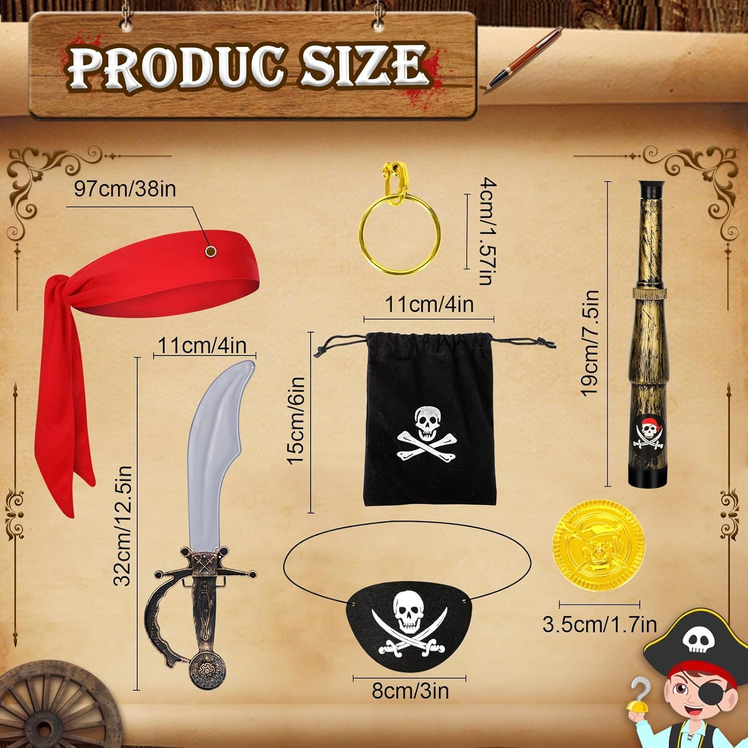 7 PCS Pirate Costume Accessories for Kids,Pirate Accessories Set Captain Outfit for Halloween Party Cosplay image number 1