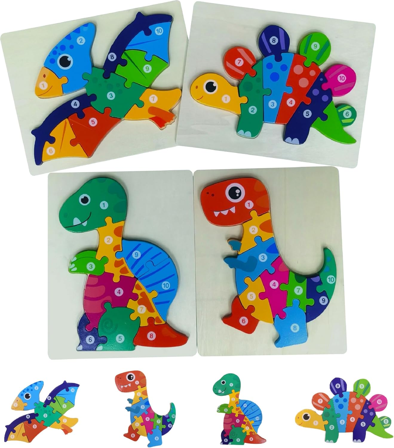 BEACENOV Toddler Puzzles,Set of 4,Large Wooden Dinosaurs Jigsaw Puzzle Toys for 2 3 4 5 Year Old Baby Boys Girls Gift,Montessori Preschool Learning Educational Toy [ Color & Shape Cognitive Skill ] image number 2