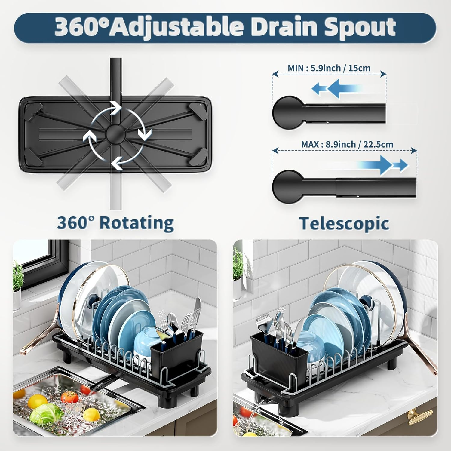 Sandream Small Dish Drying Rack, Compact Dish Rack for Kitchen Counter with Removable Cutlery Holder, 360&deg;Rotating Spout, Multifunctional Stainless Steel Dish Drainer, Space Saving image number 1