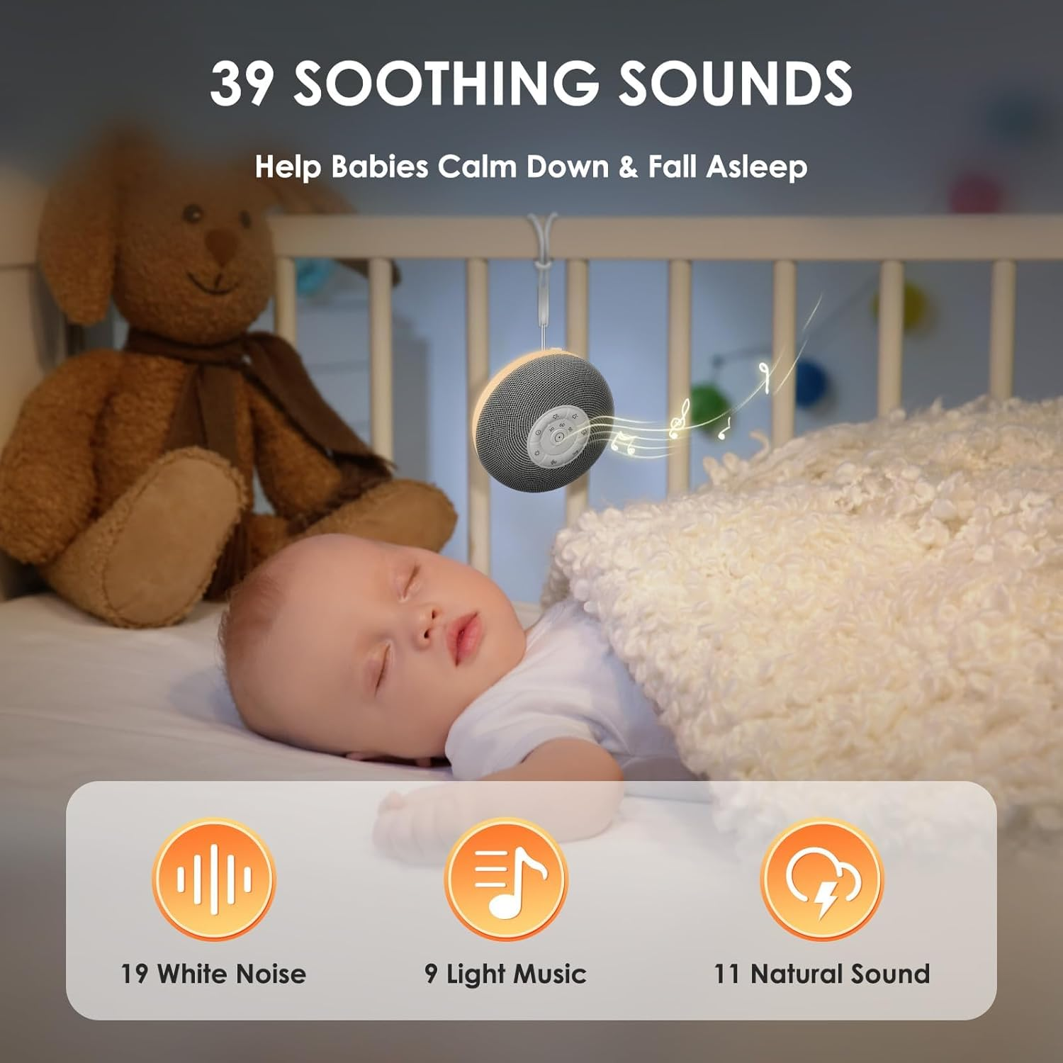 White Noise Machine, Portable Sound Machine for Baby Adult Sleeping, 39 Soothing Sounds White Noise Shush, Night Lights, 30-60-90Min Timer, Bluetooth Connection image number 6