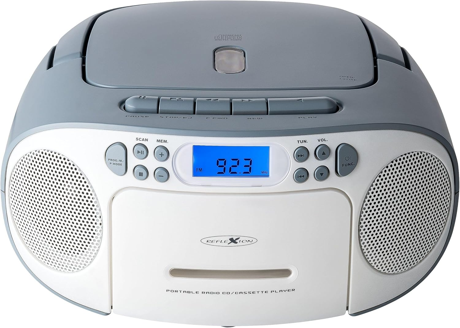 REFLEXION CD Player with Cassette and Radio for Mains and Battery Operation (PLL FM Radio, LCD Display, AUX Input, Headphone Jack), White/Blue, RCR2260