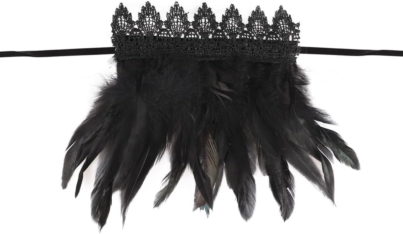 Gothic Feather Shrug Shoulder Strap and Feather Wrist Cuffs Set Cosplay Feather Cape Shawl Wrap Costume Halloween Party Tie Scarf Bib Lace Feather Wristband for Halloween Cosplay Fancy Dress Carnival image number 5