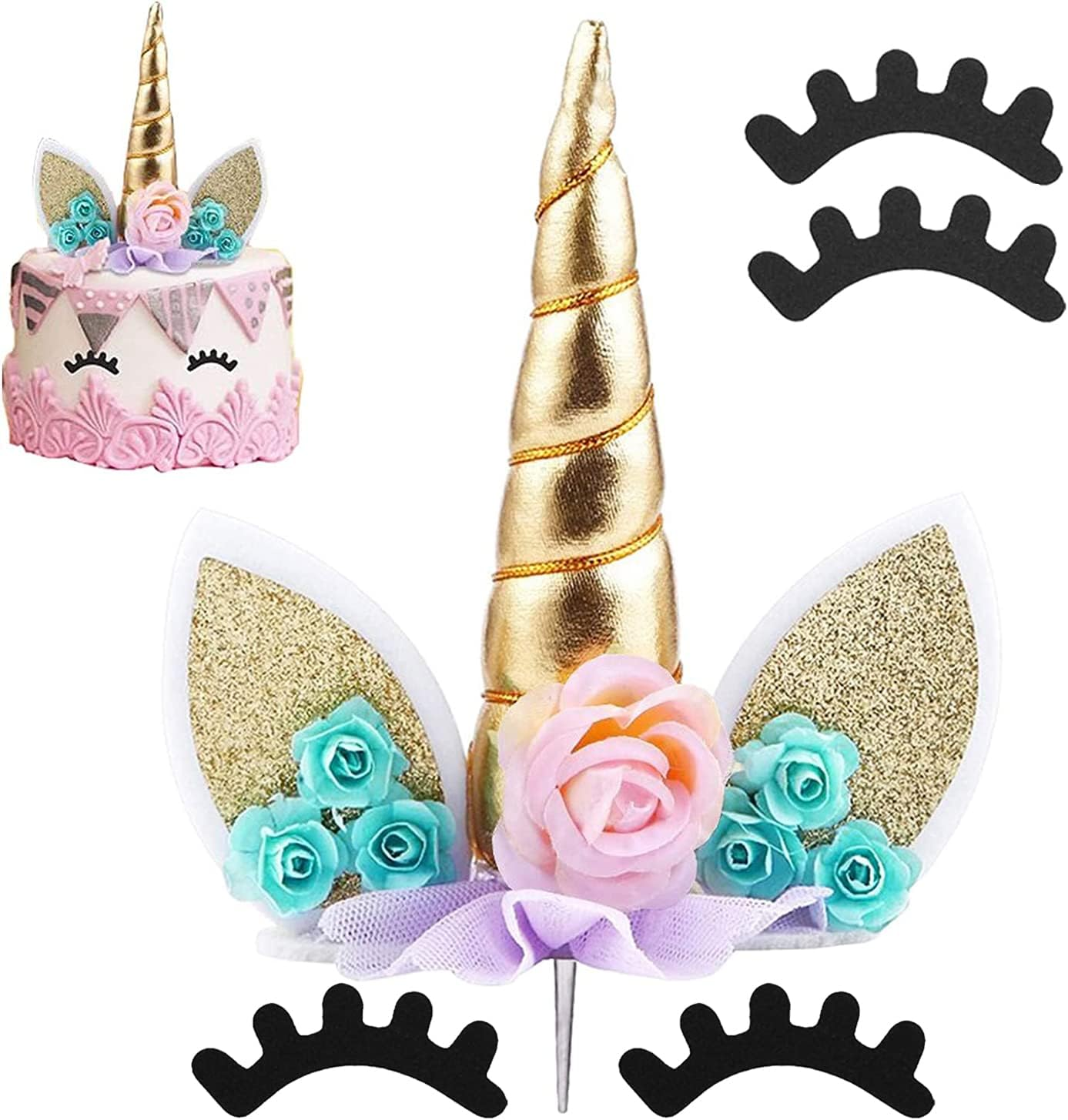 Unicorn Cake Topper Handmade Rainbow Horn Unicorn Cake Topper Unicorn Happy Birthday Party Decoration Supplies Magic Reusable Cake Topper with Eyelashes and Stack for Girls Kid Women, 5.8 Inch