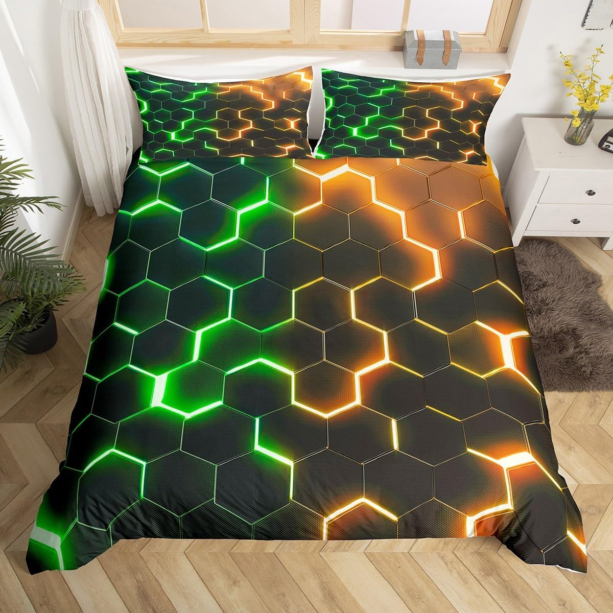 Feelingyou Honeycomb Duvet Cover S Size, Hexagon Pink Purple Neon Lights Comforter Cover Set for Boys Girls, 3D Bedding Quilt Cover Set Bedroom, 2 Pieces