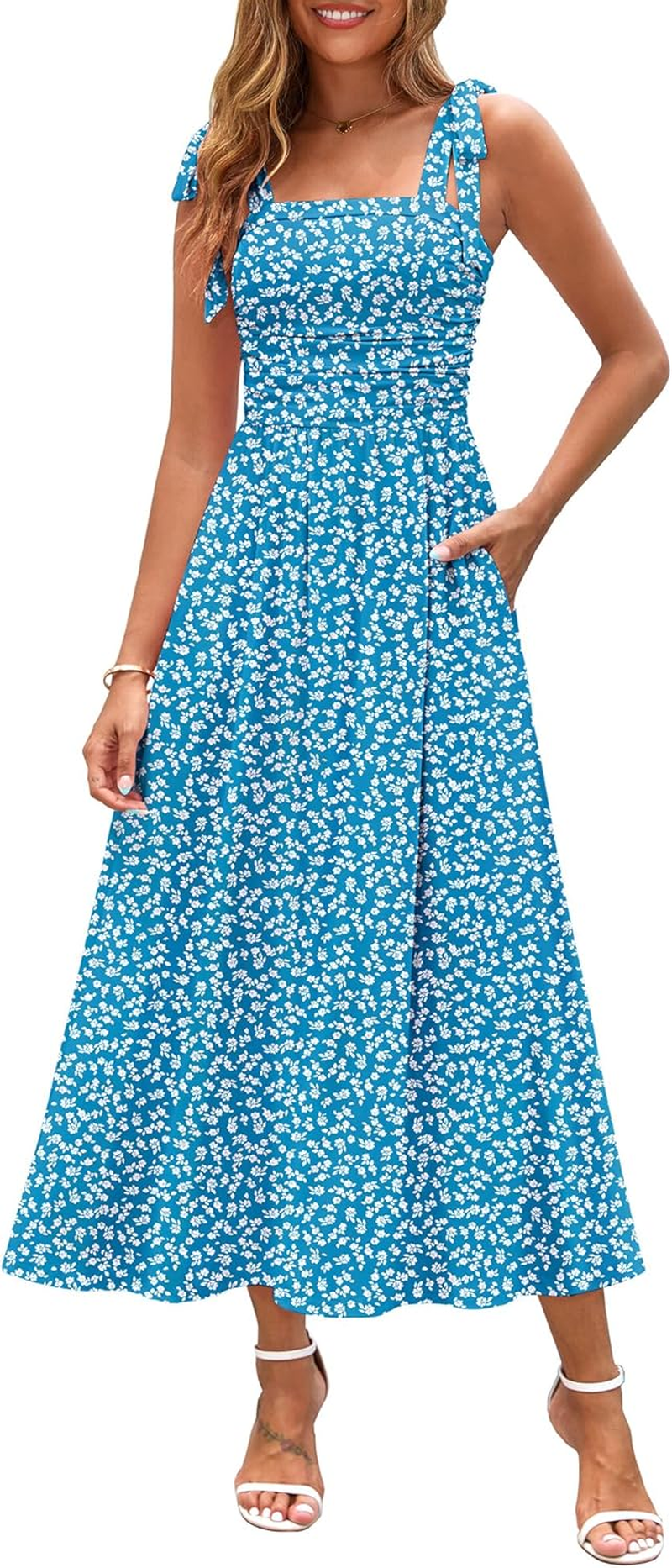 Zattcas Womens 2025 Summer Spaghetti Strap Floral Maxi Dress with Pockets Smocked Flowy Long Beach Vacation Sundresses