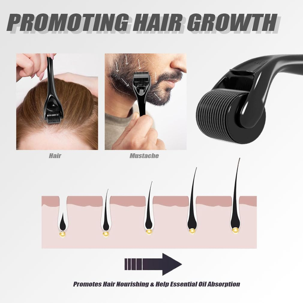 Derma Roller Beard Growth Microneedles Roller Microneedling Roller for Stimulate Hair Growth, Thicker Beard, Facial Skin Care, Cosmetic Beauty for Men & Women (0.5Mm Black) image number 1