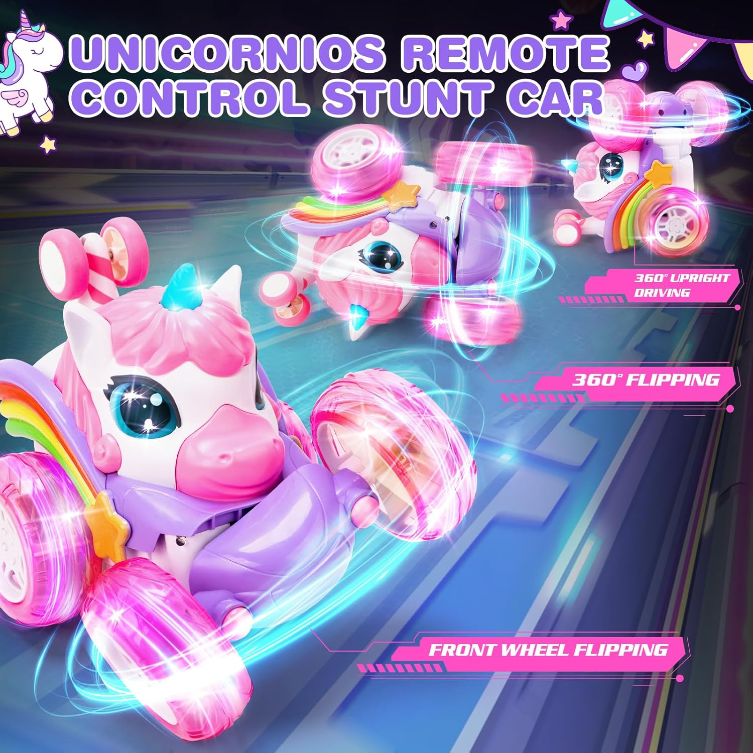 Unicorn Remote Control Car for Girls, Unicorn Toys 360&deg; Rotating 4WD Stunt RC Cars with Cute LED Lights，2.4Ghz Rechargeable RC Car Toy Birthday Gifts for Kids Girl Age 3 4-6 6-8 image number 3