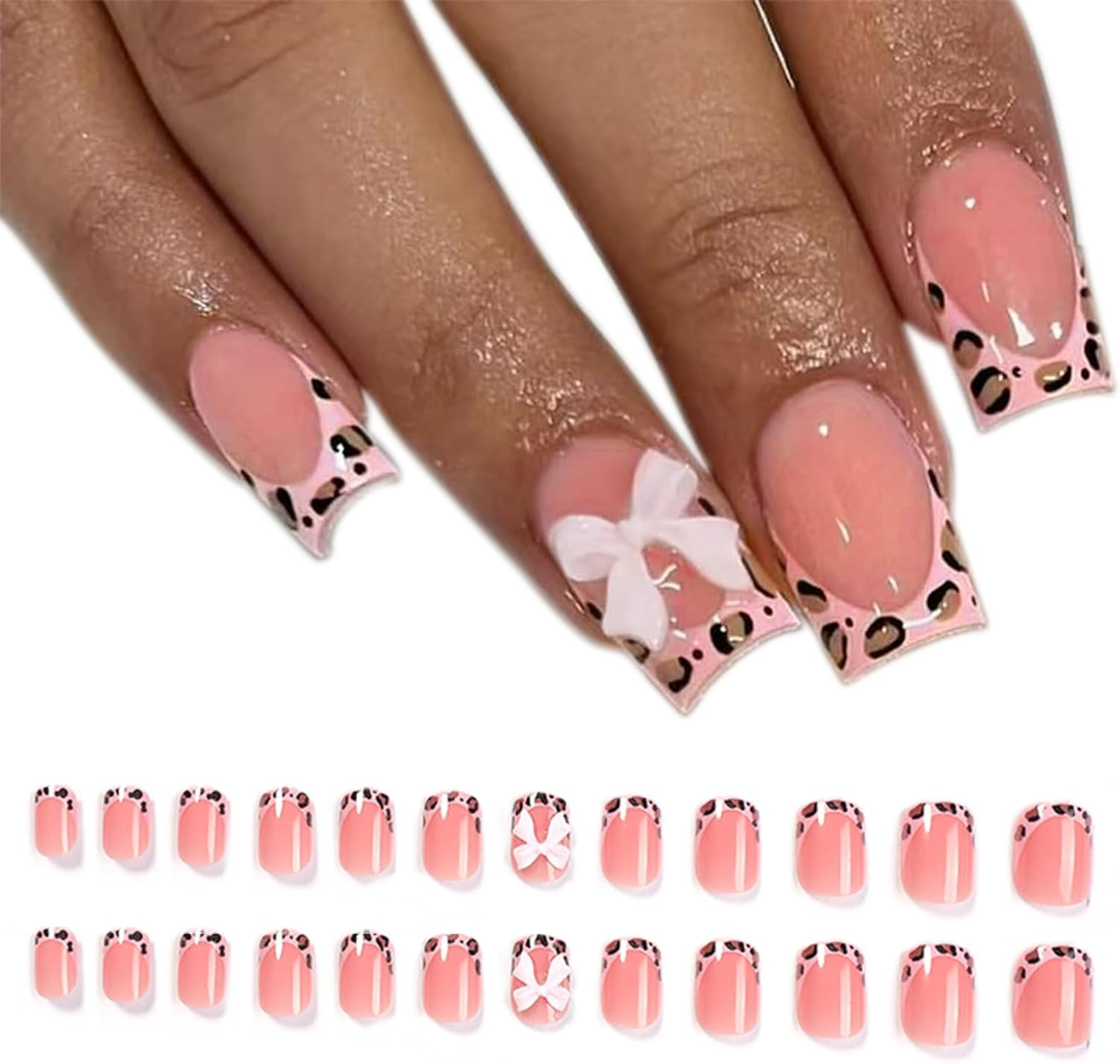 Qioon 24 PCS Leopard French Press on Nails, Short Square Nude Pink Fake Nails with Glossy Bow Designs, Full Cover Stick on False Fingernails for Women and Girls, Cute Manicure Decorations image number 3