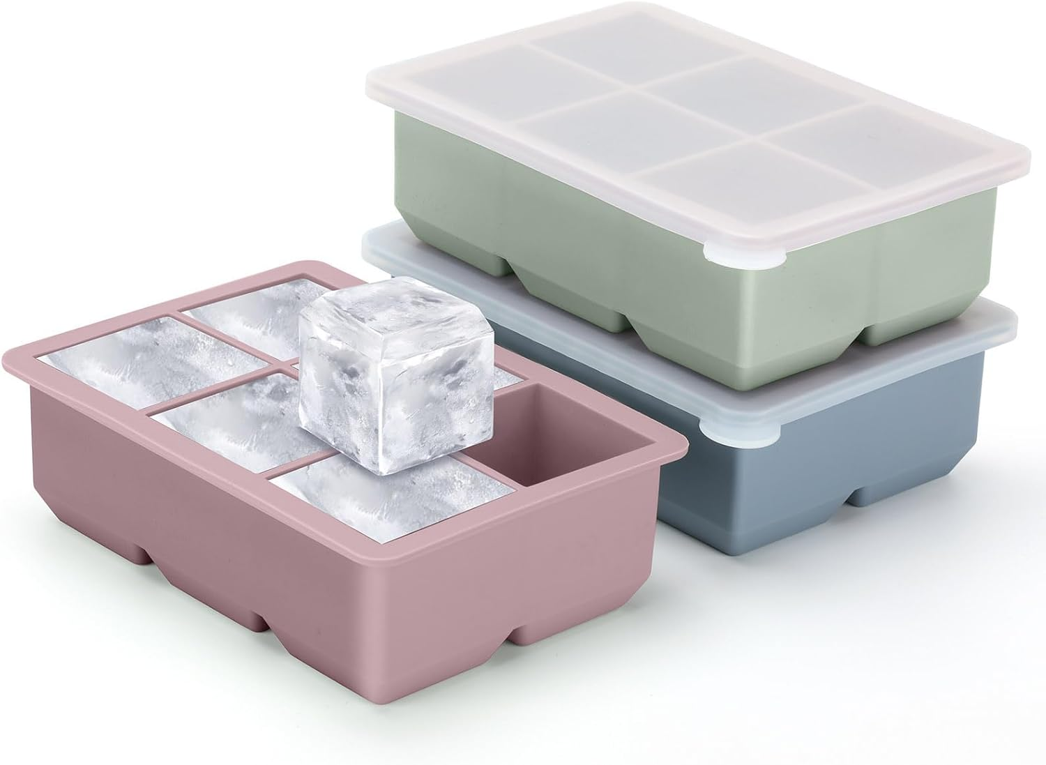 Silicone Ice Cube Trays with Lids, 3-Pack, 4.8 Cm Square Cubes, Stackable, Bpa-Free image number 1