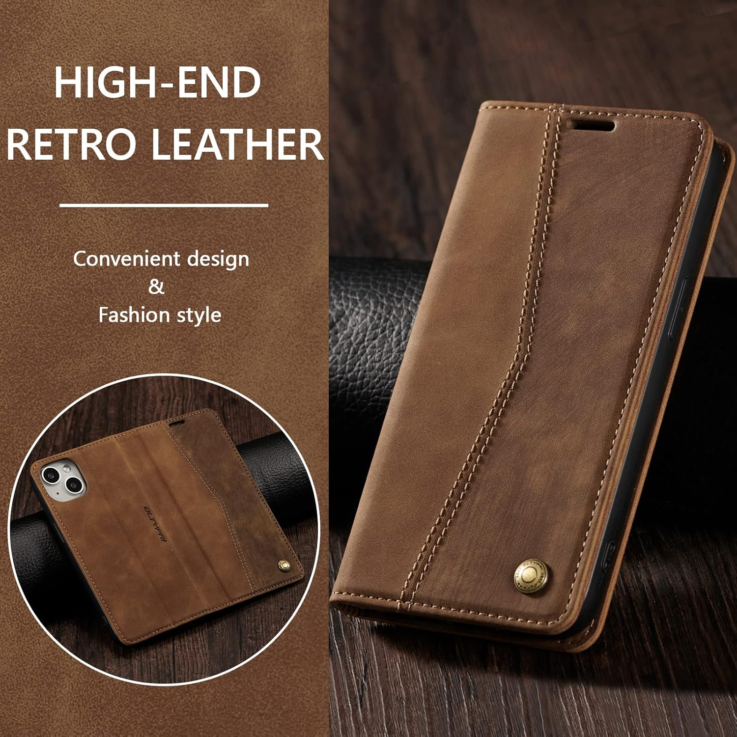 QLTYPRI Wallet Case for Iphone 14 6.1 Inch, Vintage Folio PU Leather Case with Card Slots Magnetic Closure Kickstand Flip Crashproof Phone Cover for Iphone 14 -Brown image number 5