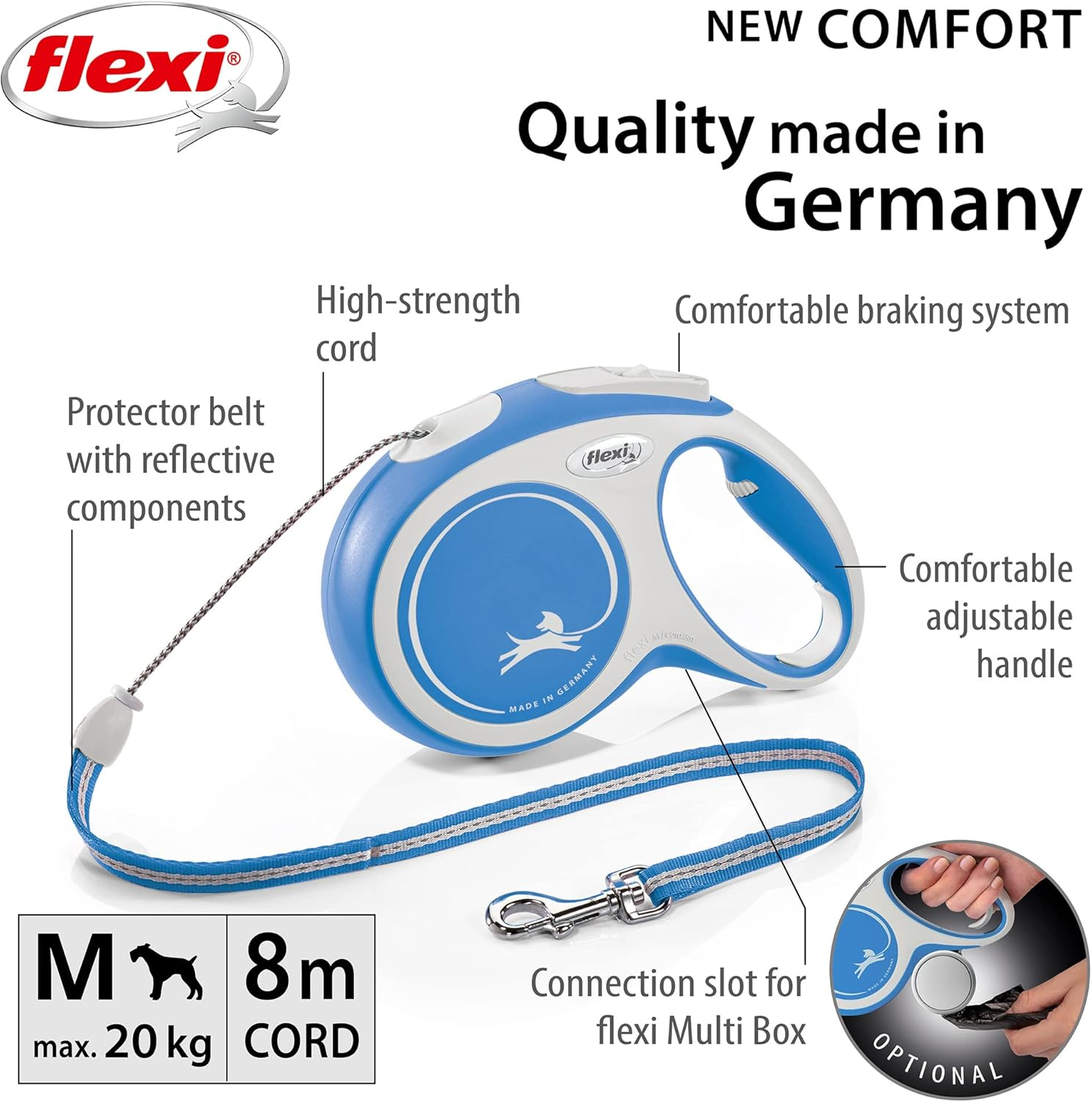 Flexi New Comfort Cord Grey & Blue Medium 8M Retractable Dog Leash/Lead for Dogs up to 20Kgs/44Lbs image number 5