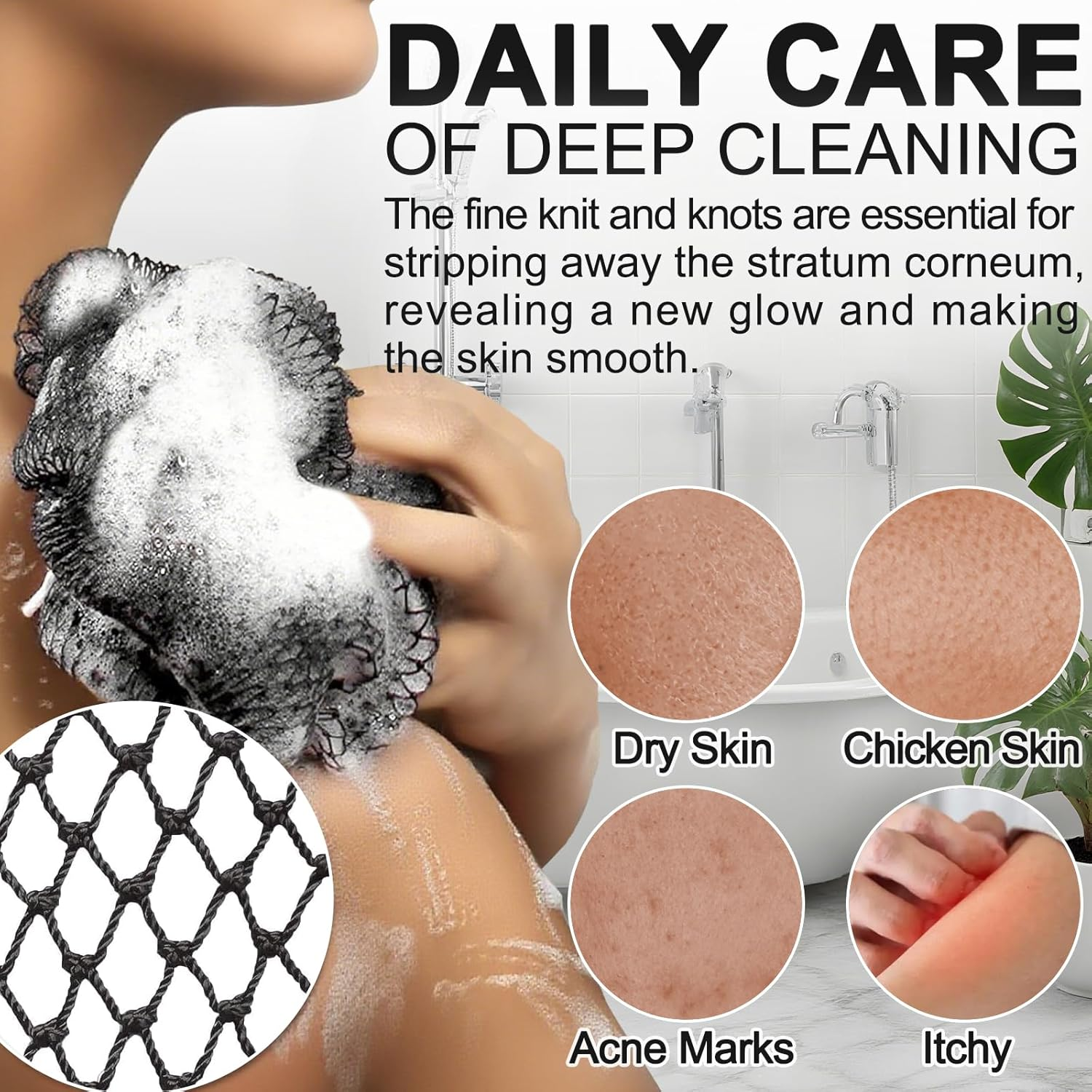 Authentic African Net Sponge with Drawstring, Extra Large Exfoliating Bath Sponge, Long Stretch Mesh Loofah for Shower Back Scrubber Washcloth (Black) image number 3