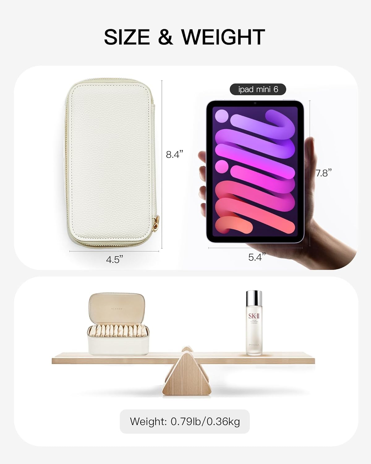 Vlando Travel Jewellery Organiser,Pu Leather Jewellery Box with 12 Velvet Jewellery Pouch, Jewellery Case for Necklace,Ring, Gifts for Women, White-L image number 5