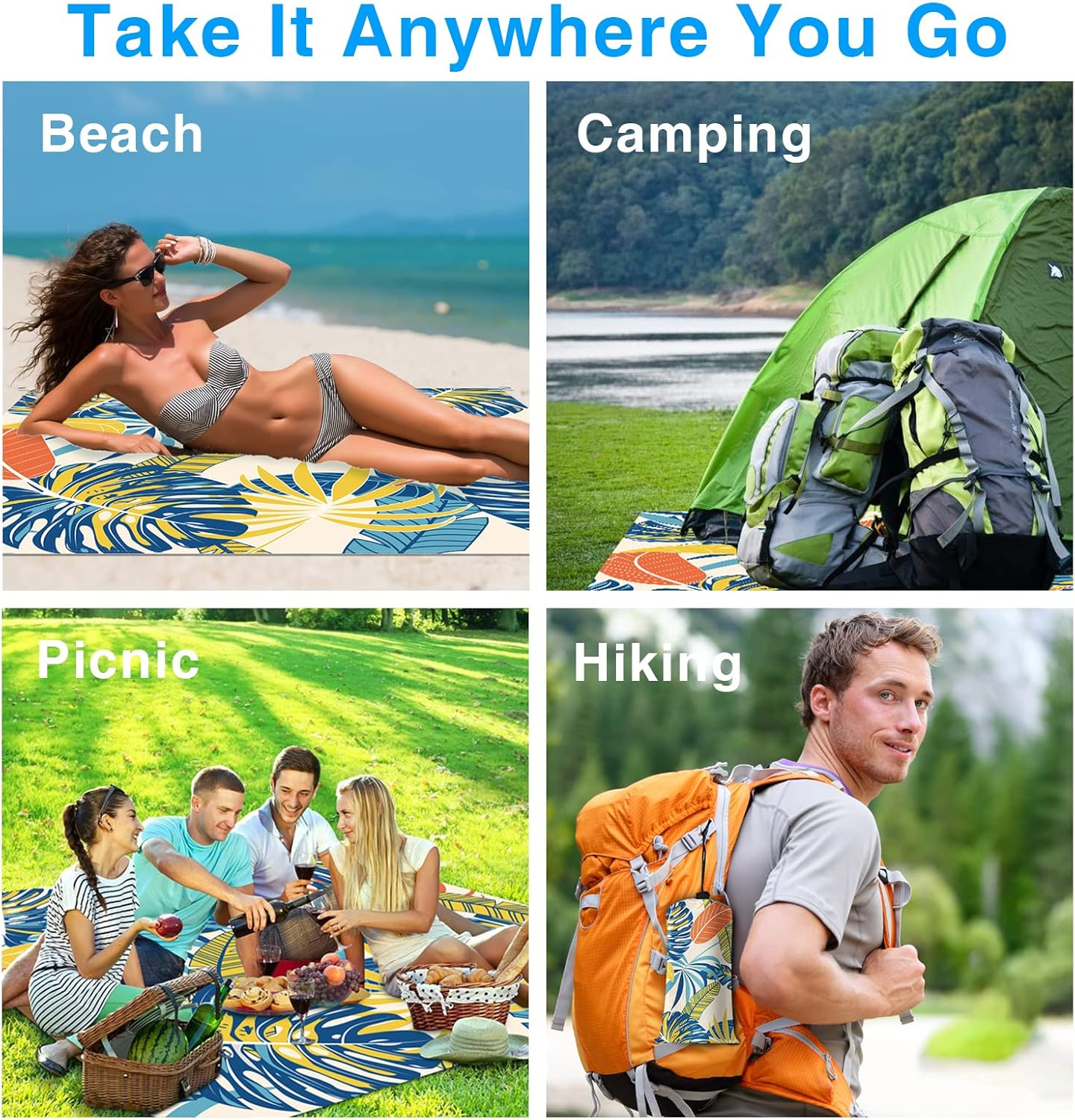 Beach Blanket Sandproof, Waterproof Beach Mat Oversized 79 X 83 Inch for 4-6 Adults, Lightweight Beach Blanket for Outdoor Travel Camping Hiking - Colorful image number 4