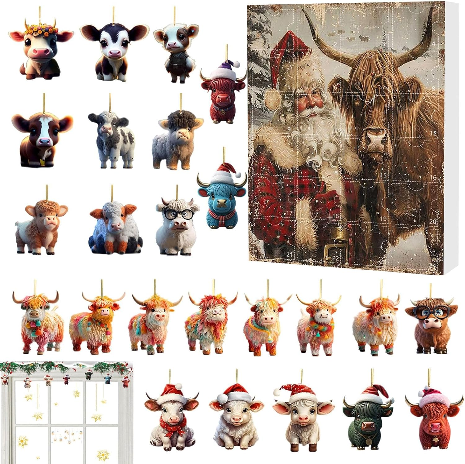 Highland Cattle,Christmas 2024,Cute Highland Cow 2024，Collectible Funny Cow Set, for Kids & Adults