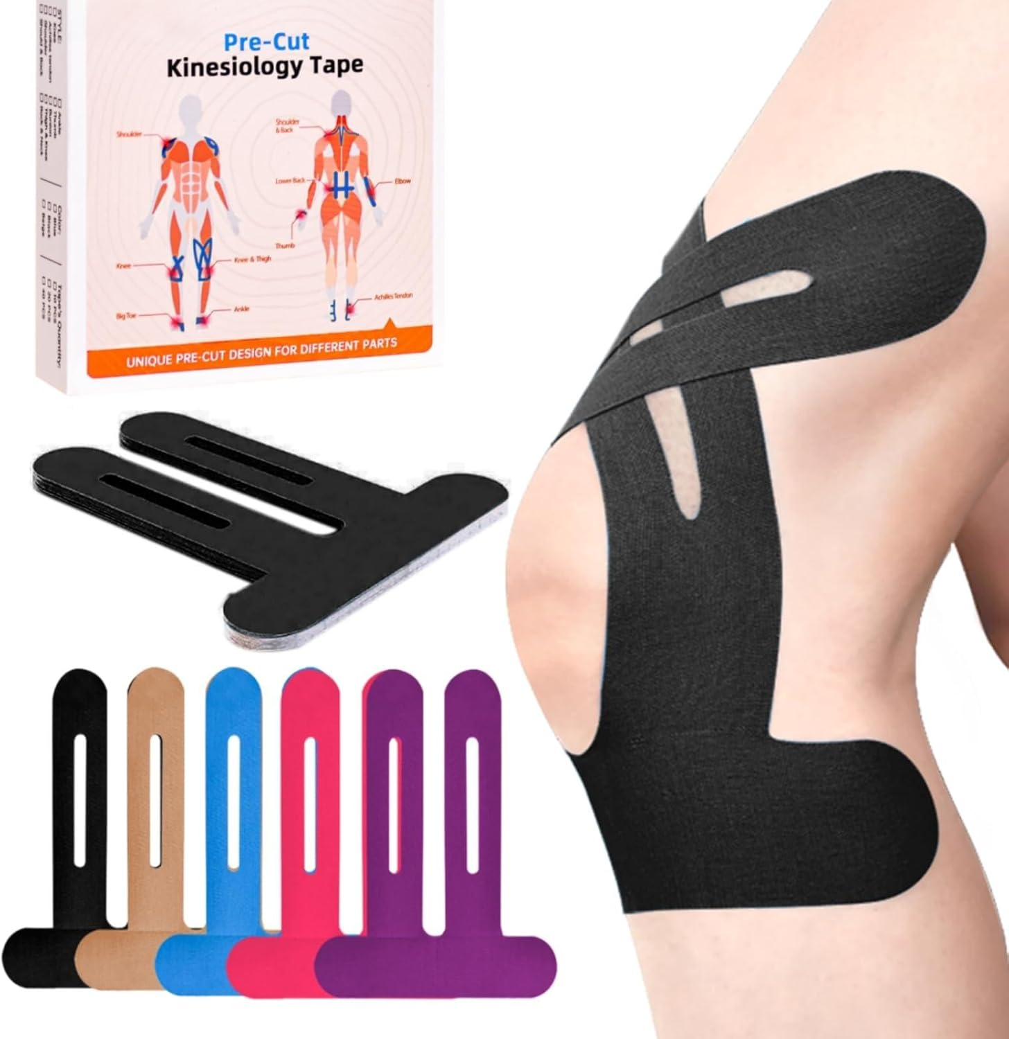 Precut Kinesiology Tape for Knees, 10 Pcs - Knee Support & Stability, Knee Pain Relief Athletic Tape - Waterproof & Elastic, Breathable Hypoallergenic Latex-Free Tape, Black image number 3