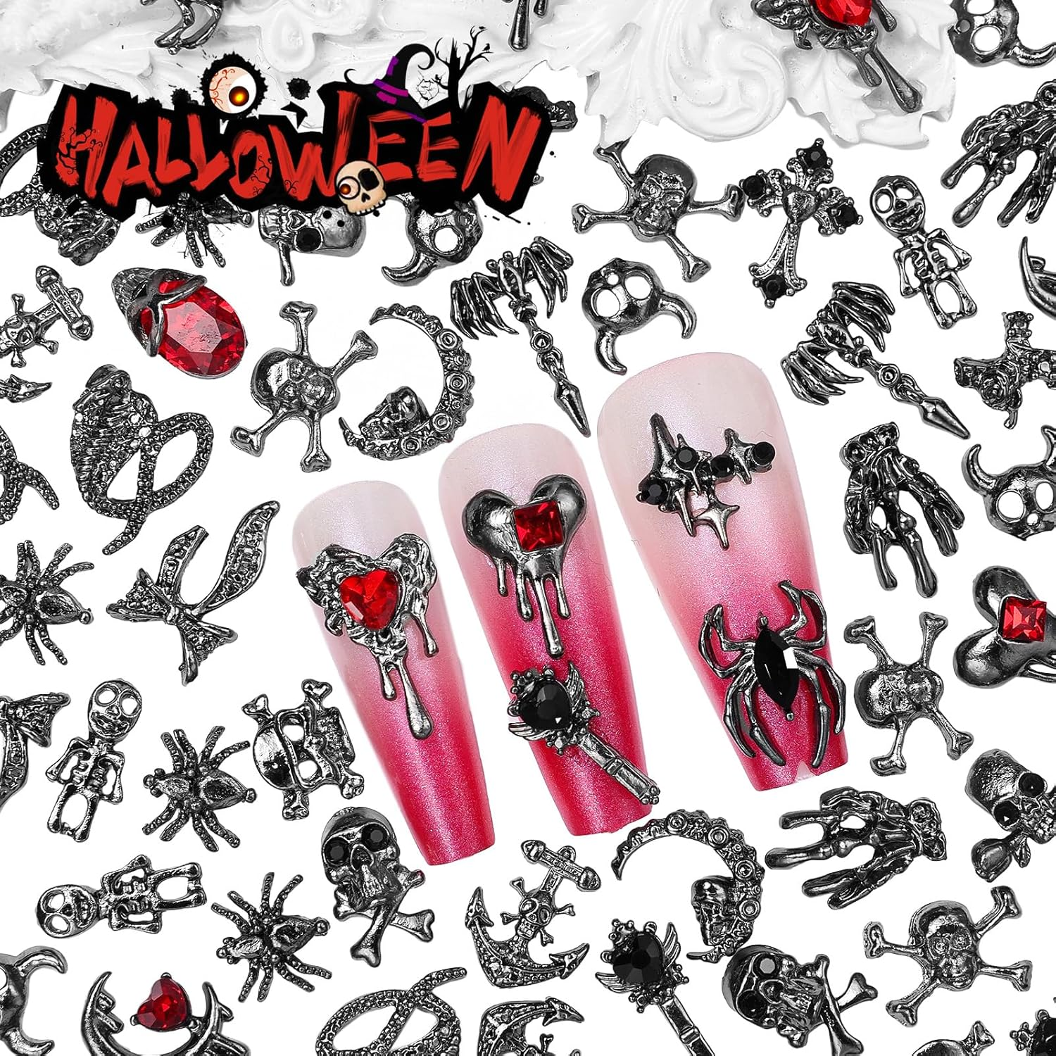 Tatiwoo 84 Pcs Multi Shapes Black Halloween Nail Charms & Gems, Retro Gothic Design, Easy to Use, Perfect for DIY Nail Art & Gifts image number 6