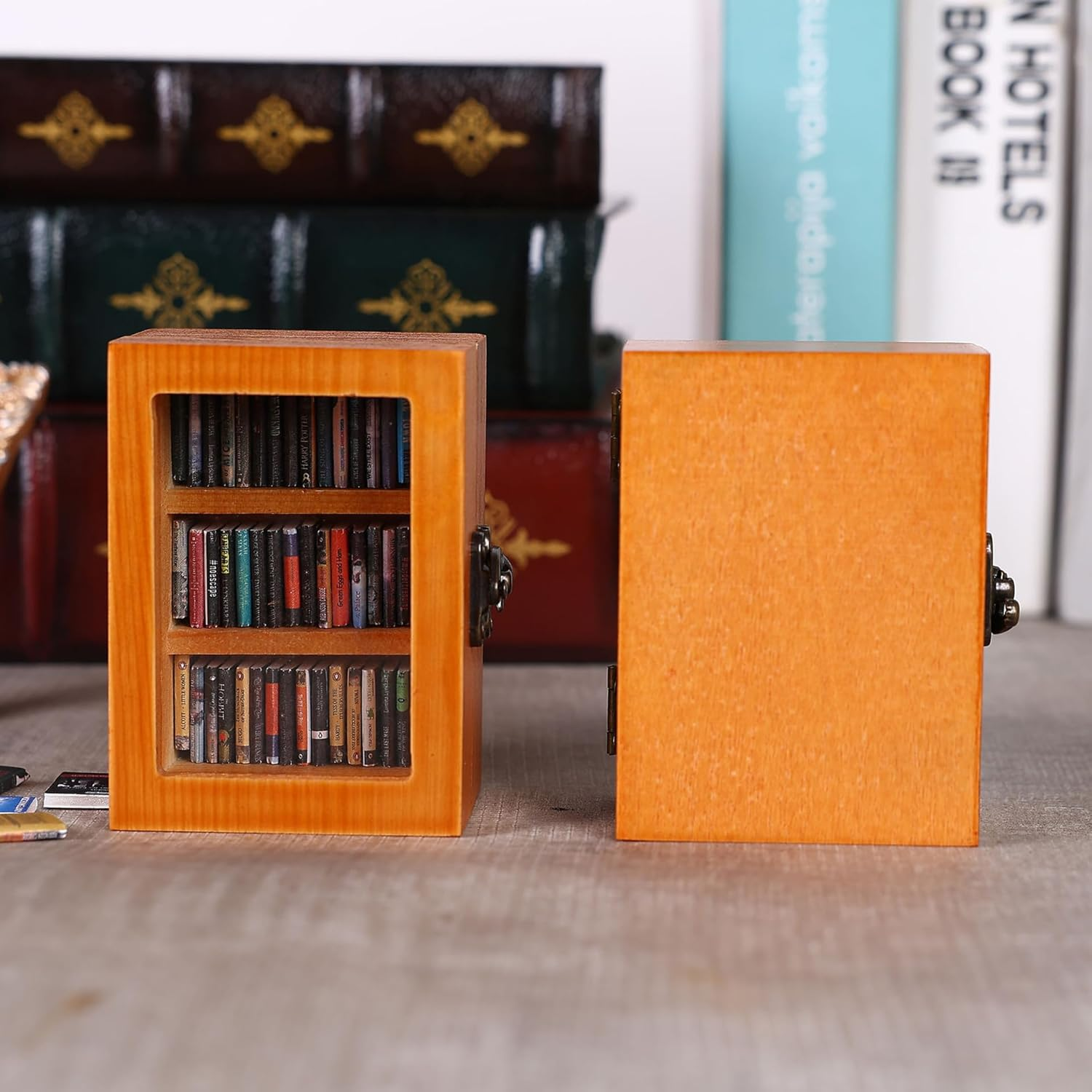 Miniature Book Library Decoration, Pocket Anxiety Bookshelf with 60 Mini Books, Handmade Antique Style Storage Display (Brown)
