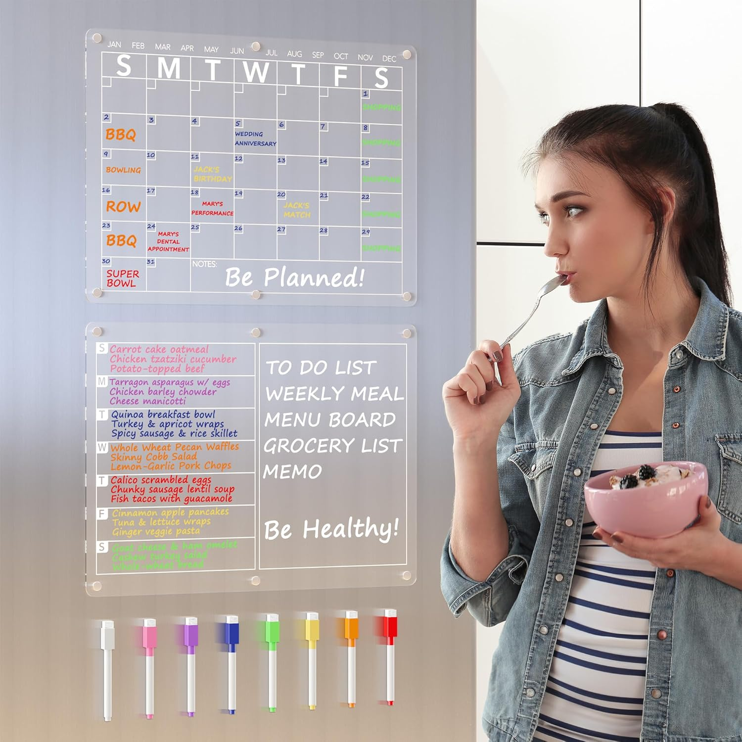 Magnetic Acrylic Calendar for Fridge 2 Pack, 16''X12'' Clear Monthly and Weekly Dry Erase Board for Refrigerator, Meal Planner, Menu Board for Kitchen, W/ 8 Colors Markers image number 3