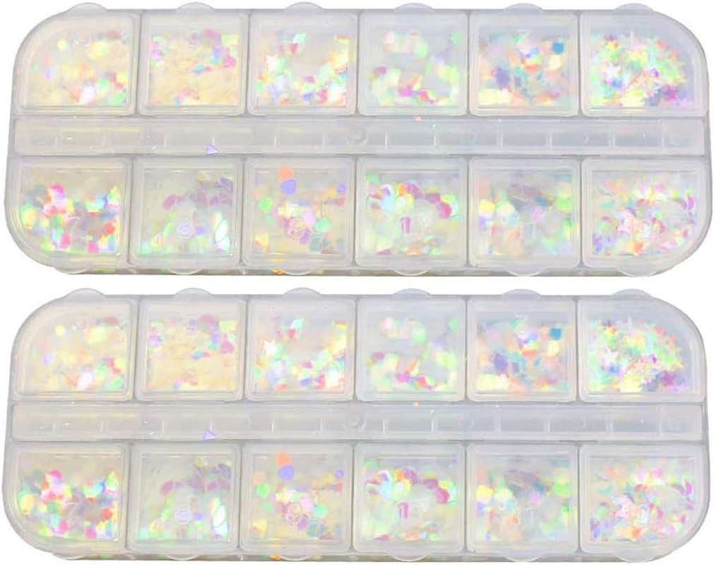 2 Box Holographic Nail Sequins Colorful Nail Glitter Fine Glitter with Heart Flower Moon Stars Shape for Makeup Body
