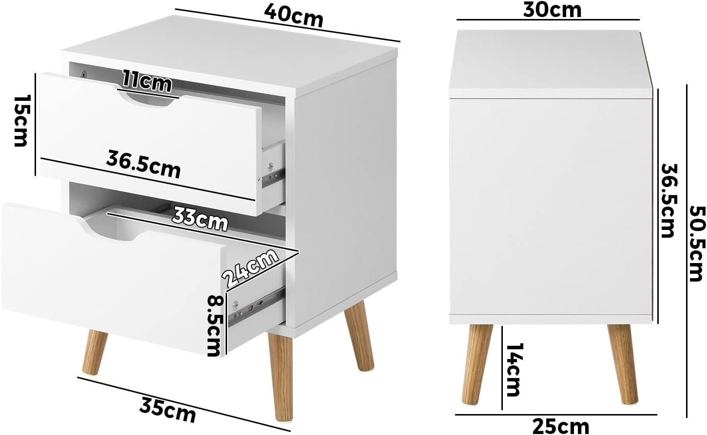 OIKITURE Wooden Nightstand with Handles, Bedside Table with 2 Drawers, Side Table Storage Cabinet for Bedroom Living Room Office, Home Furniture Organiser, White