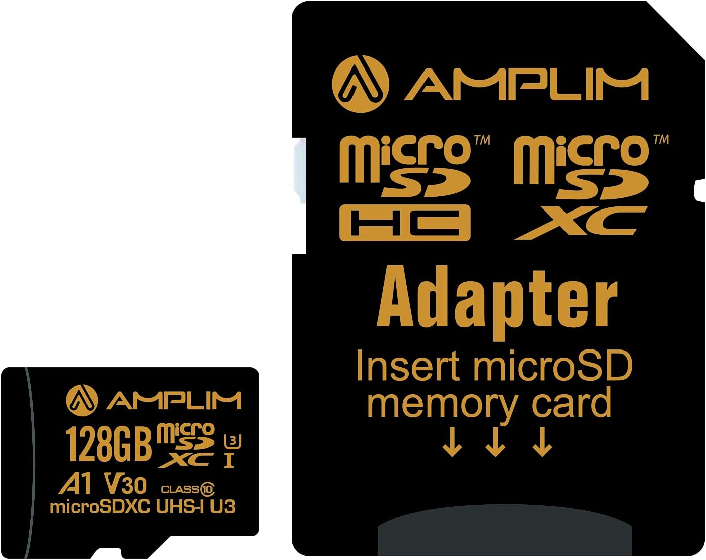 Amplim 128GB Micro SD SDXC V30 A1 Memory Card plus Adapter Pack (Class 10 U3 UHS-I Microsd XC Extreme Pro) 128 GB Ultra High Speed 667X 100Mb/S UHS-1 TF Microsdxc 4K Flash