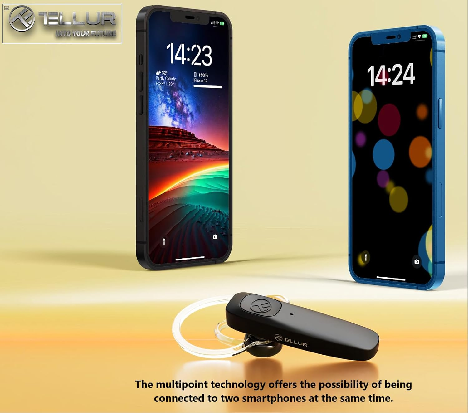 TELLUR VOX 155 Bluetooth Headset, Handsfree Earpiece USB-C, Multipoint Two Simultaneous Devices, HD Voice Two Microphones for Noise Suppression, 360&deg; Hook for Right or Left image number 1