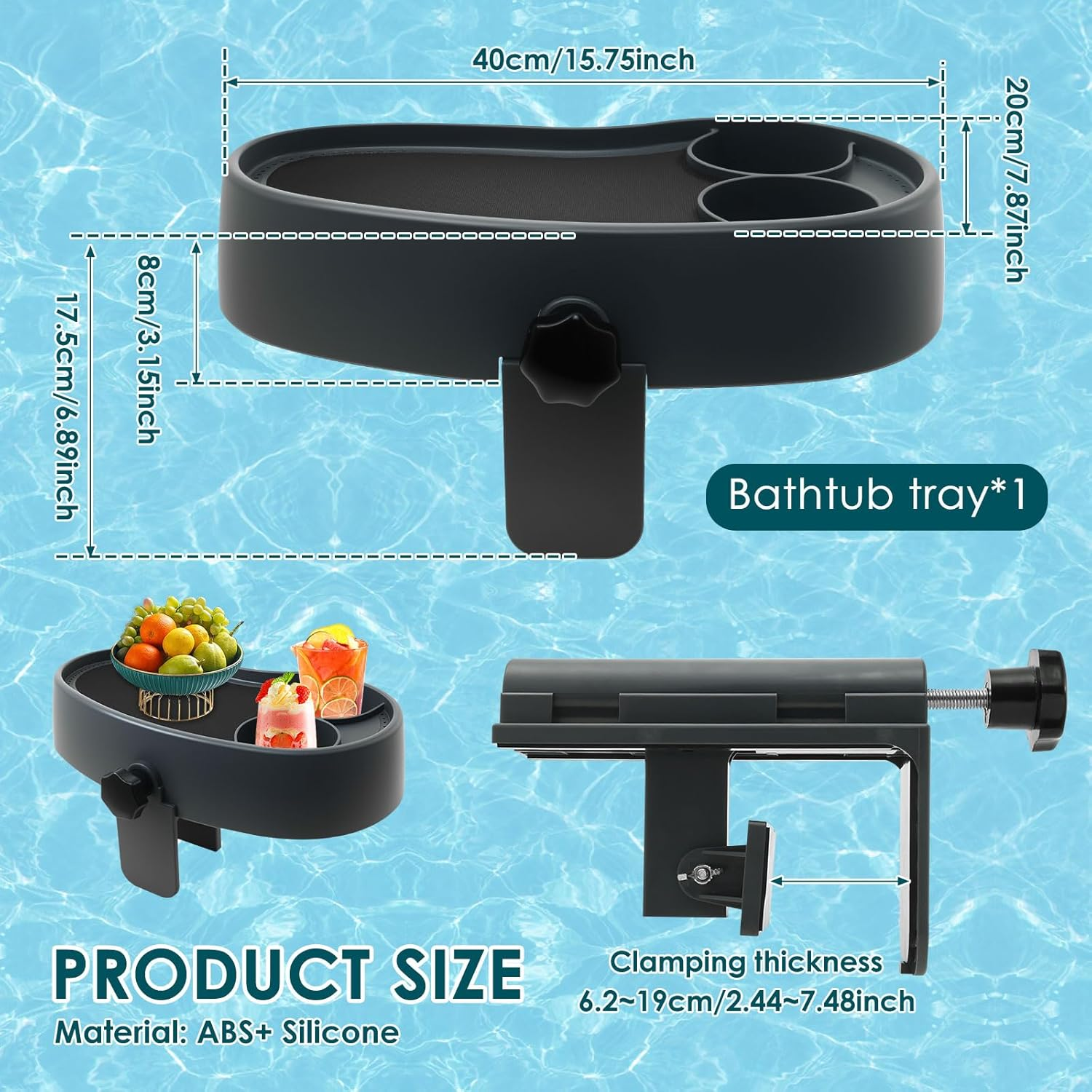 Hot Tub Table Tray with 2 Cup Holders Adjustable Aboveground Bathtub Tray Clamps to Side of Aboveground Bathtub with Wall Thickness of 2.4'' to 7.5'' image number 5