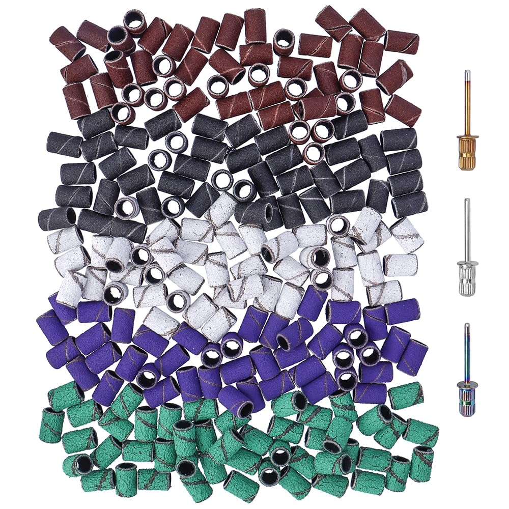 Yakamoz 250Pcs Sanding Bands for Drill Nail, 5 Colors Sanding Bands #80#120#180#240 with 3 Mandrel Bits for Acrylic Nails Manicures Pedicures image number 5