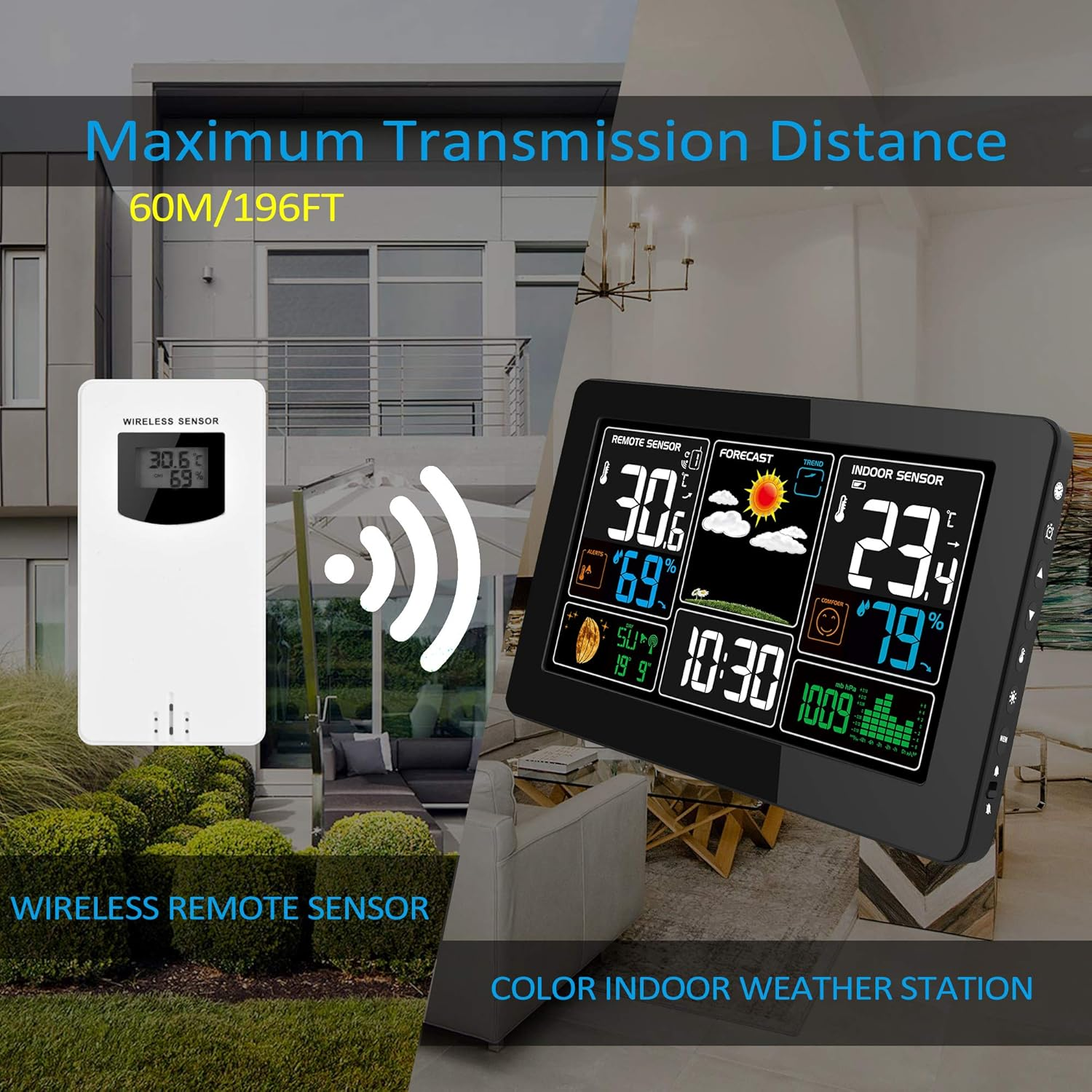 Kalawen Weather Station with Outdoor Indoor Sensor, MSF Wireless Digital Alarm Clock, Barometer, Temperature, Humidity Monitor, Weather Forecast for Home Garden image number 2
